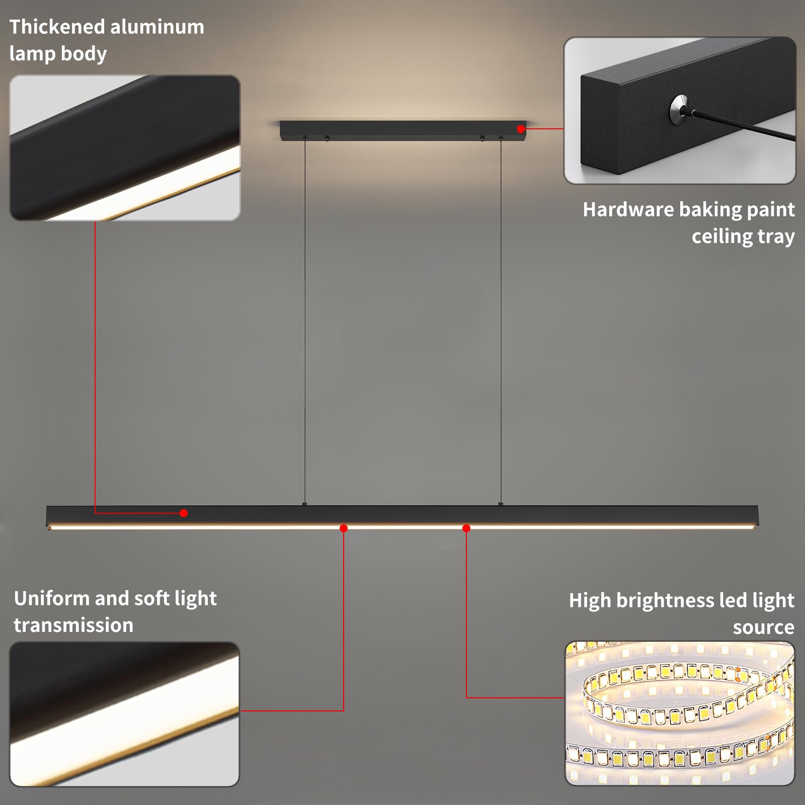 57'' Led Linear Pendant Light Fixtures, 25W Dimmable Pool Table Light With Remote, Modern Island Lights For Kitchen Dining Room