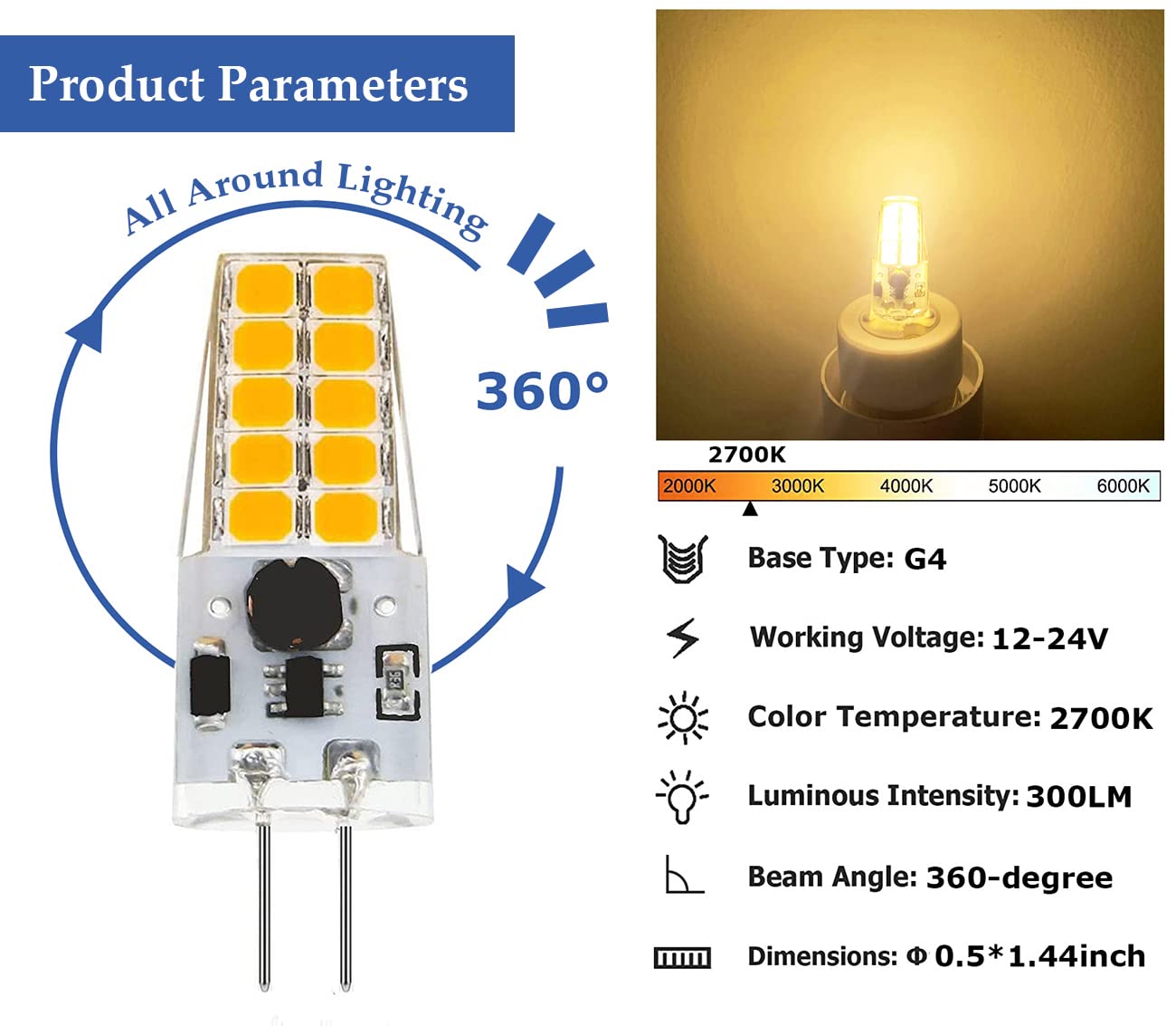 Greeogin Dimmable G4 LED Bulb, 12V/24V, 300LM, 2700K Warm White, Copper, 10-Pack, JC Type, T