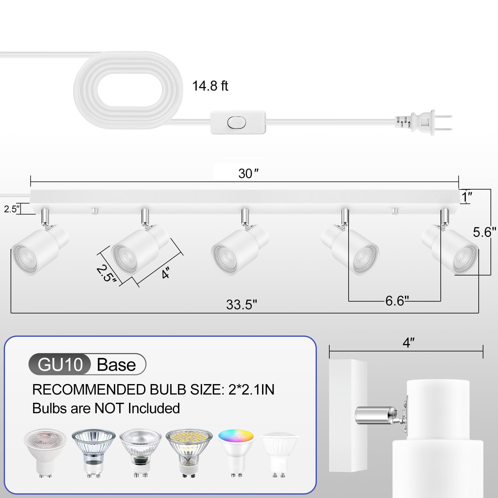 Track Lighting Plug In, 30'' Led Track Light Fixtures Ceiling, White 5 Way Spotlight, Rotatable Track Head, Plug Track Lights Wi
