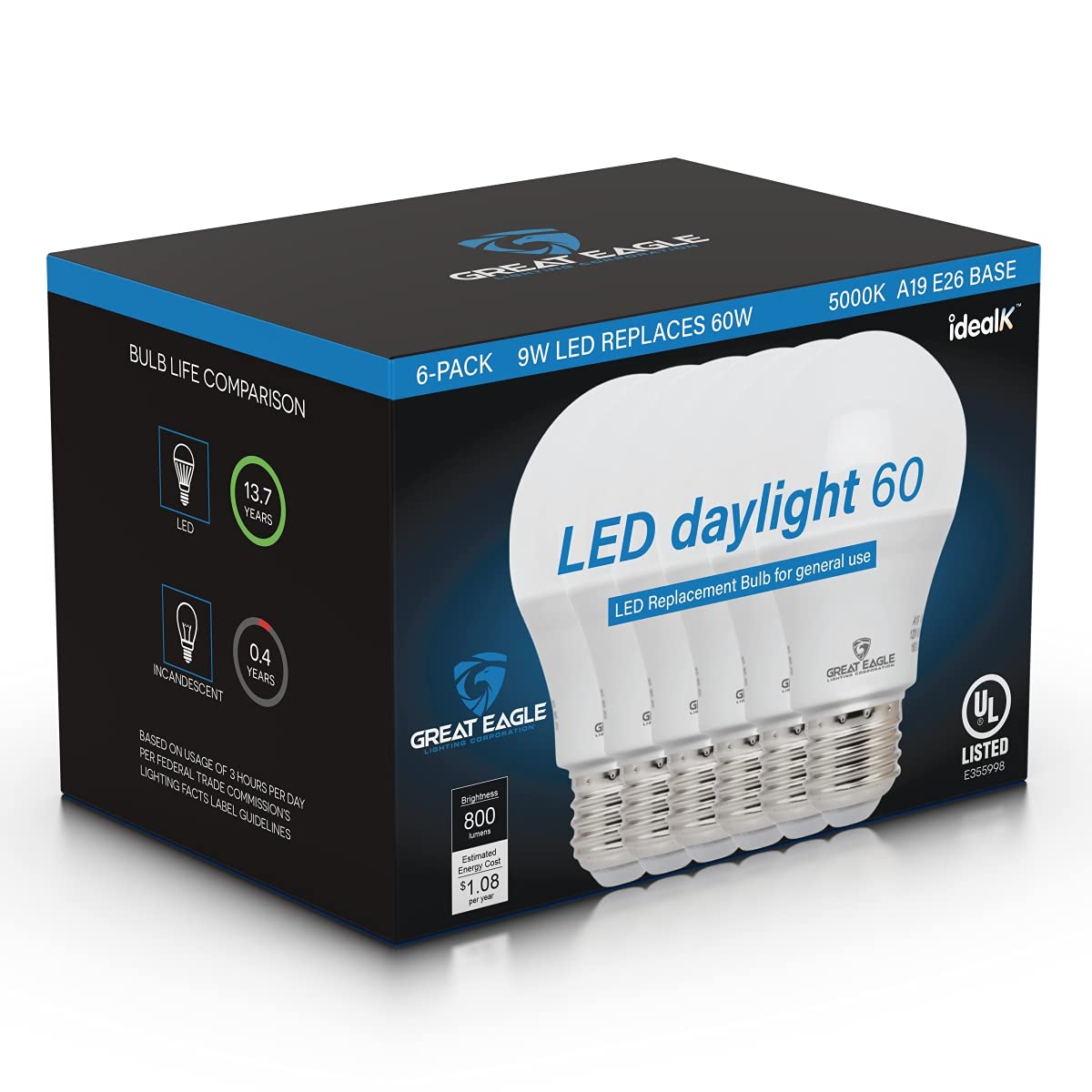 Great Eagle A19 Led Light Bulb, 9W (60W Equivalent), Ul Listed, 5000K (Daylight), 800 Lumens, Non-Dimmable, Standard Replacement