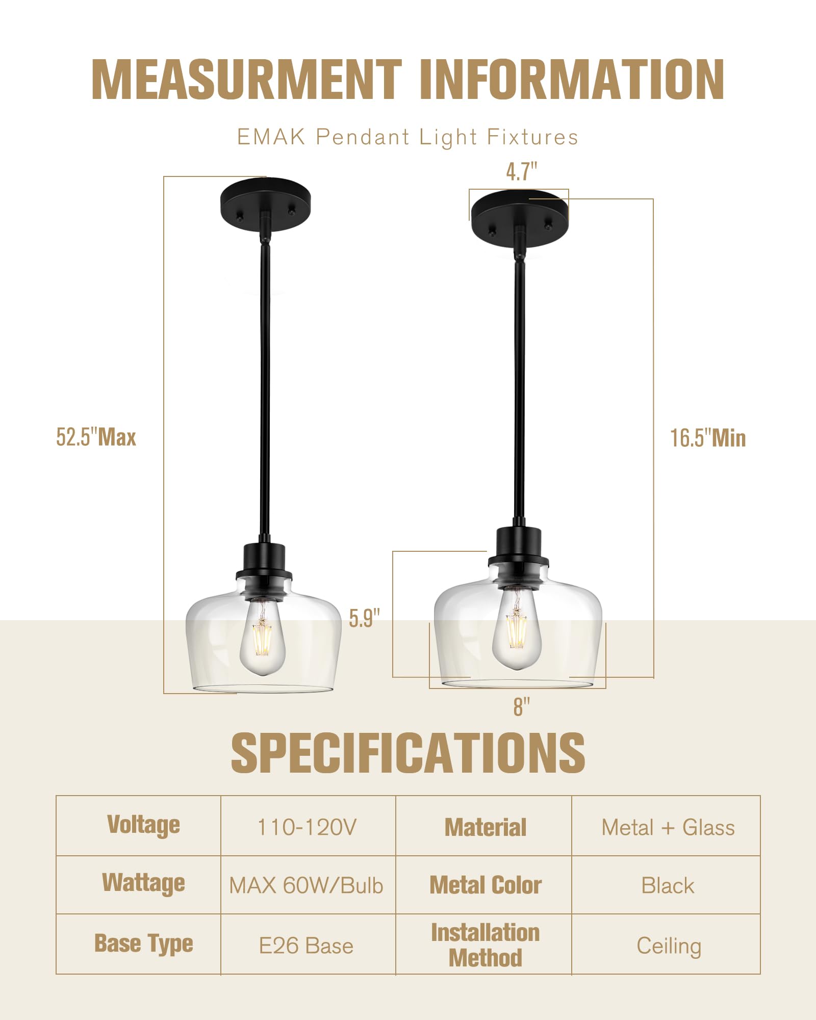 Emak Black Pendant Light Fixtures, Modern 10 Inch Clear Glass Pendant Lights Kitchen Island, Farmhouse Large Kitchen Island Ligh