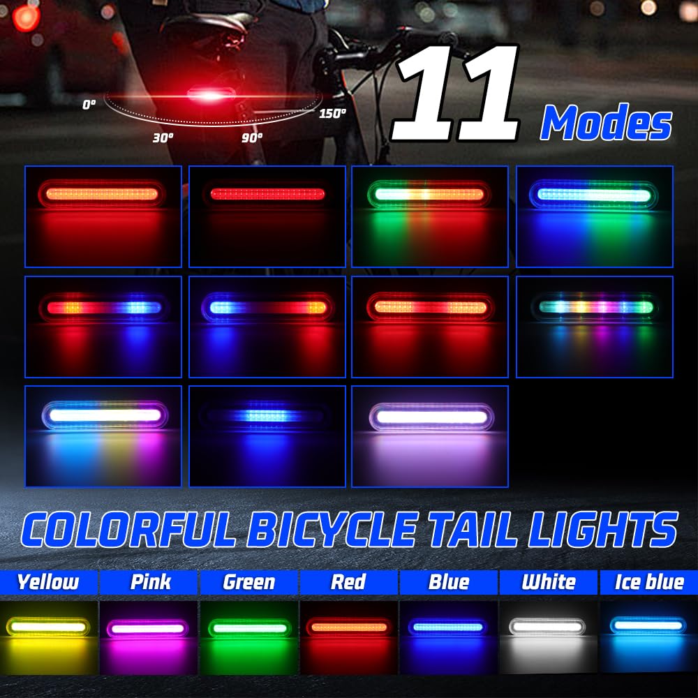 Bike Tail Light, KaiDengZhe 2025 New RGB LED Bicycle Rear Light USB Rechargeable Rainbow Wireless Remote Control 7 Colors 14 Mod