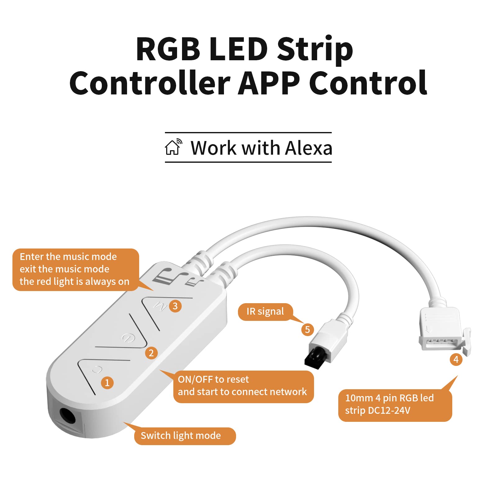 PAUTIX RGB LED Strip Light Controller, 44-Key Remote & APP, Music Sync, 12V/24V, Metal, One Port, DIY & Timer Function