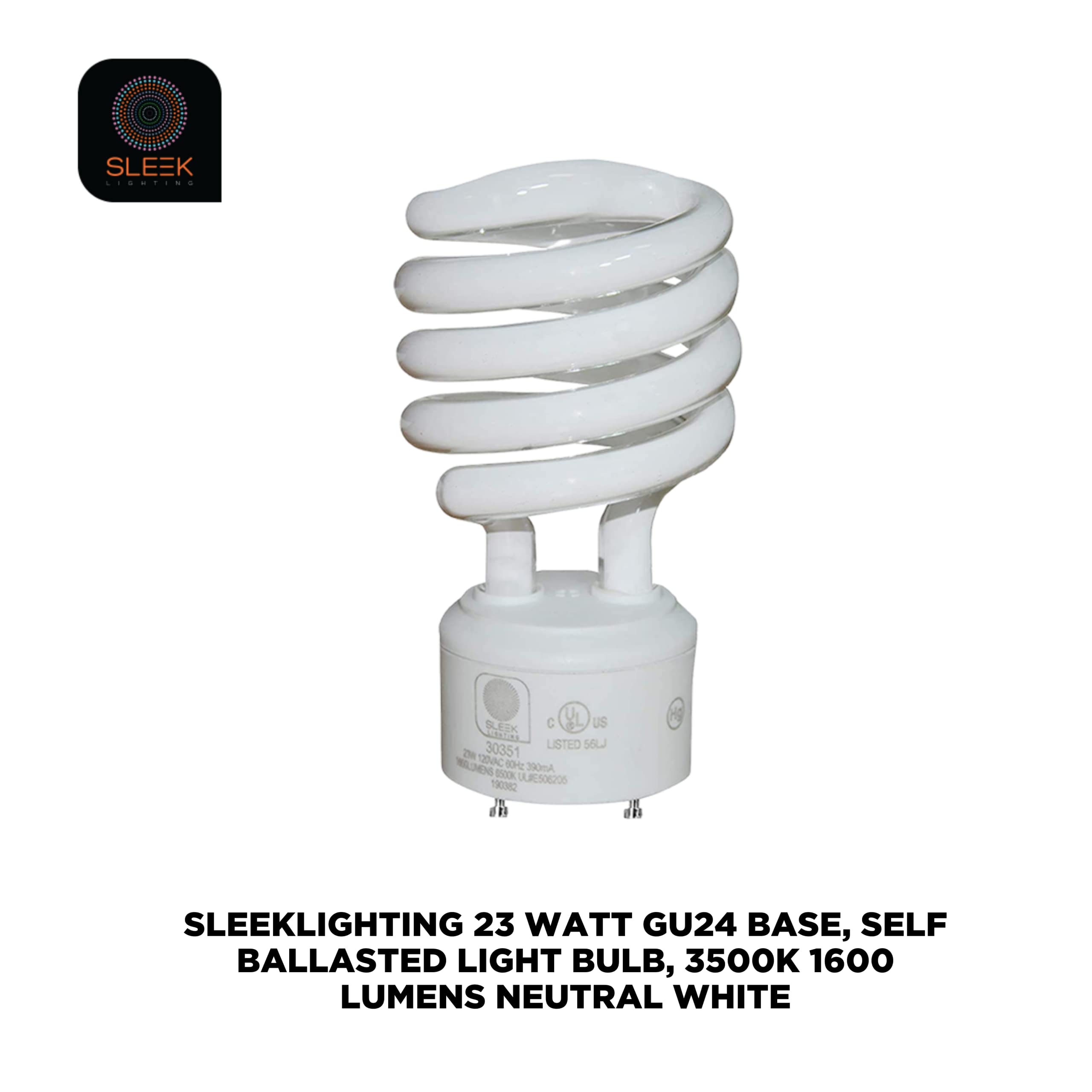 SLEEKLIGHTING 23W GU24 Base CFL Light Bulbs - 3500K Neutral White - 4 Pack, UL Approved, Twist Lock, 100W Equivalence