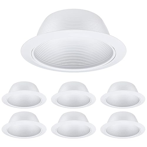 6 Pack 6 Inch Recessed Can Light Trim With White Metal Step Baffle, For 6 Inch Recessed Can, Detachable Iron Ring Included, Fit Halo/Juno Remodel Recessed Housing, Line Voltage Available