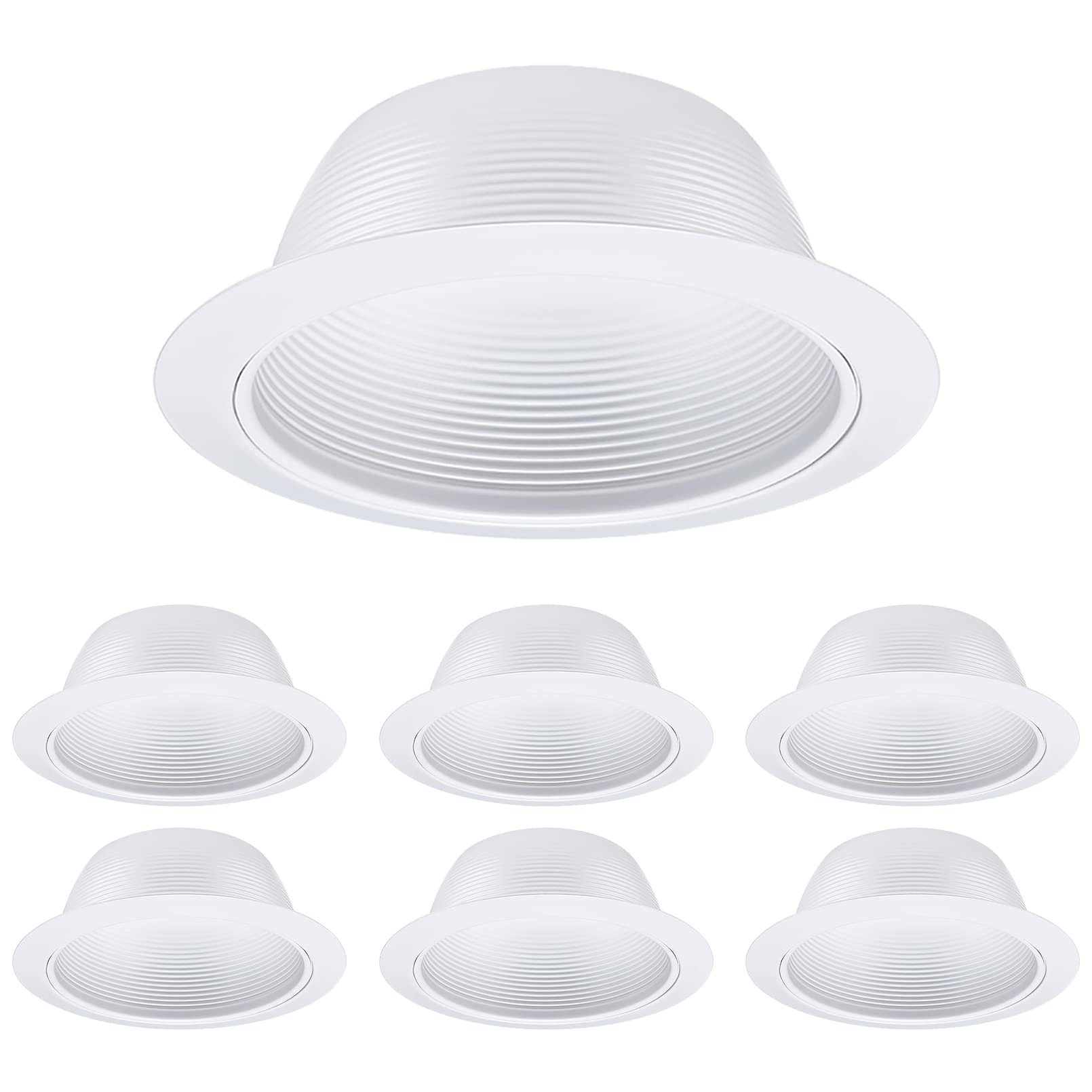 6 Pack 6 Inch Recessed Can Light Trim With White Metal Step Baffle, For 6 Inch Recessed Can, Detachable Iron Ring Included, Fit Halo/Juno Remodel Recessed Housing, Line Voltage Available
