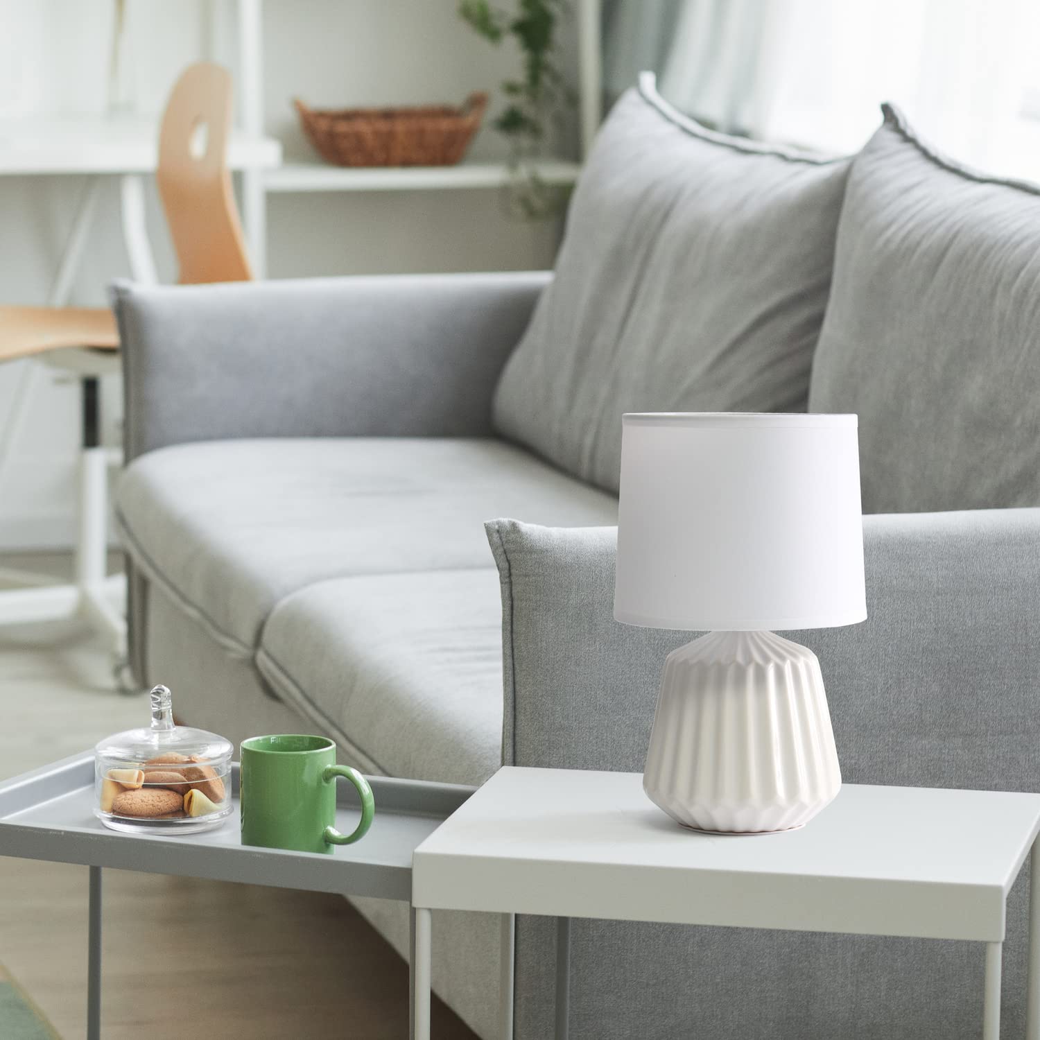 Simple Designs LT1120-OFF Table Lamp, Ceramic, Off-White, 7inL x 7inW x 11.375inH, Petite Mini Pleated Base