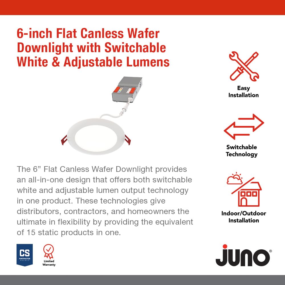 Juno Wf6 Alo20 Sww5 90Cri Mw M6 Cp12 Round Baffle Led Downlight, 120 Volts, 2700K/3000K/3500K/4000K/5000K, Triac Dimming, 6-Inch