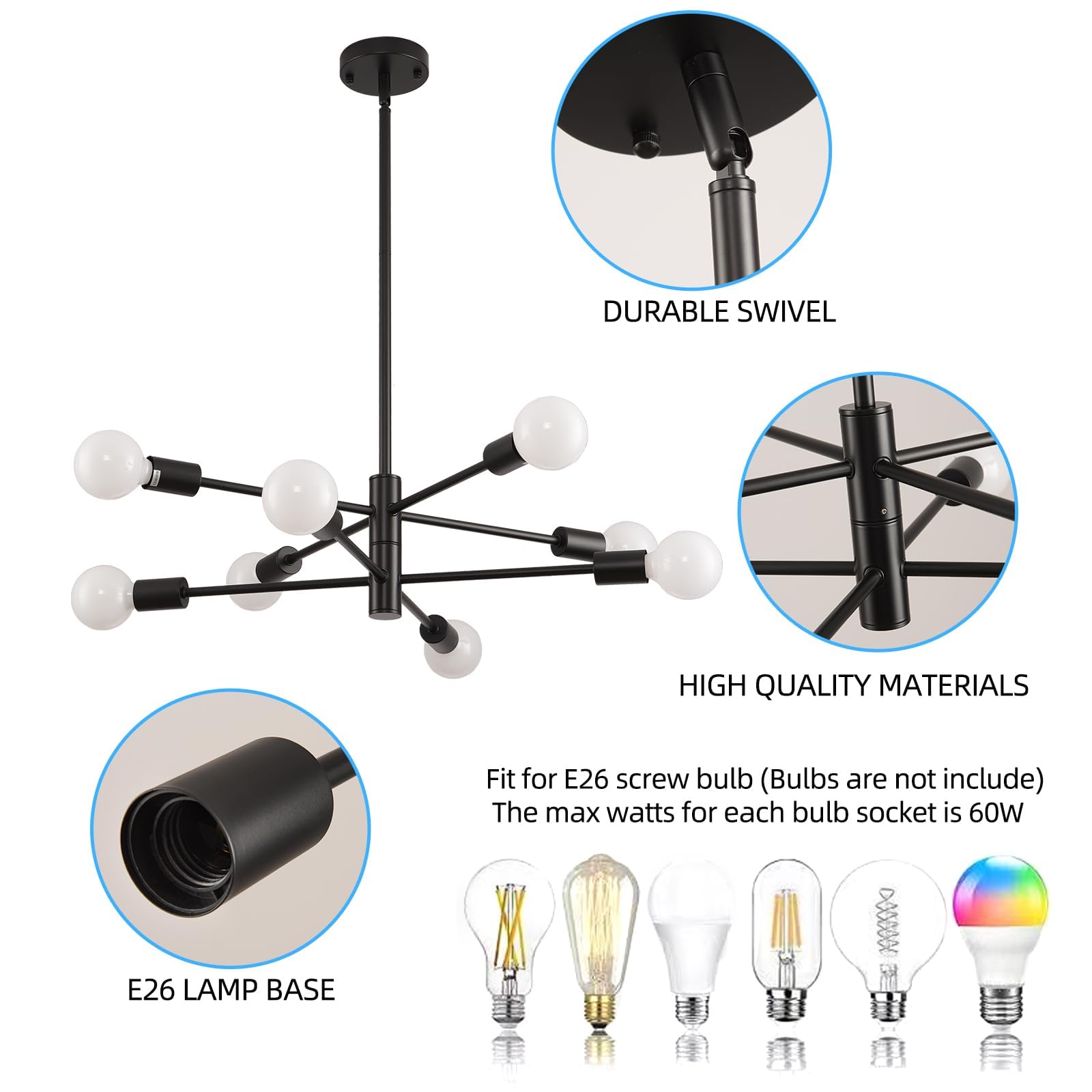 HHR Modern Sputnik Chandelier, 8-Light Black Ceiling Light, 26" Adjustable Fixture for Kitchen, Dining, Living Room, Model 9916-8