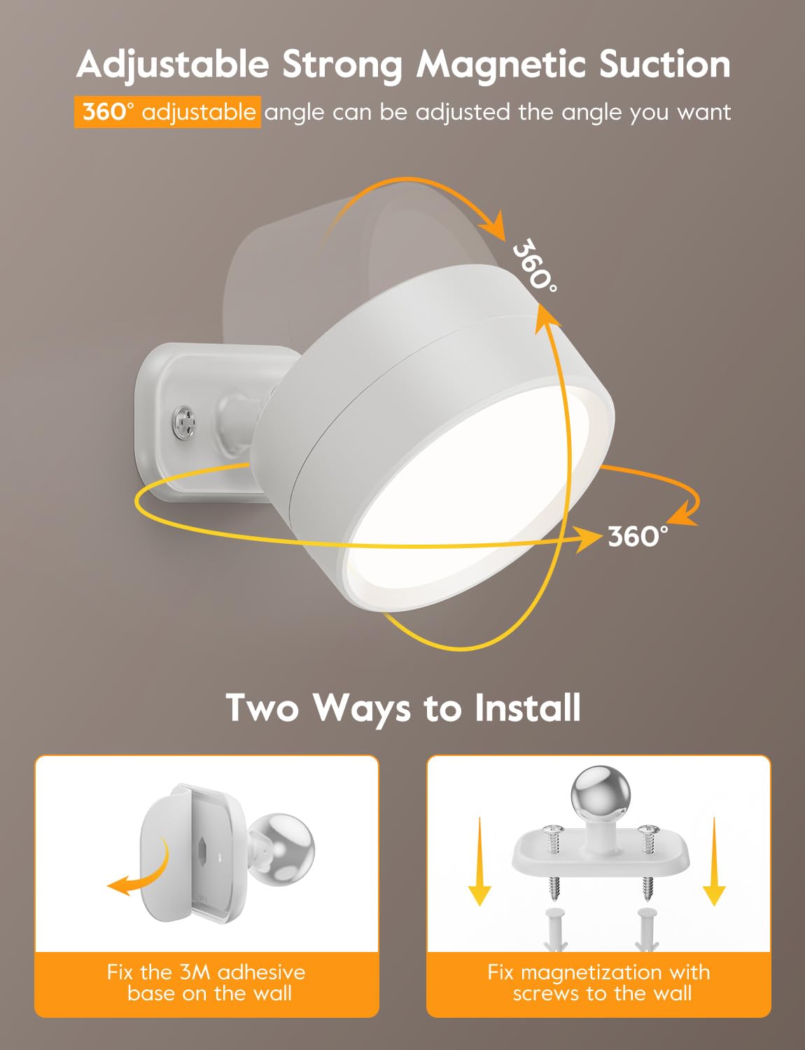 Brightown LED Wall Sconce Lights, 2 Pack, USB Rechargeable, Dimmable, 3 Lighting Colors, White, Model W001