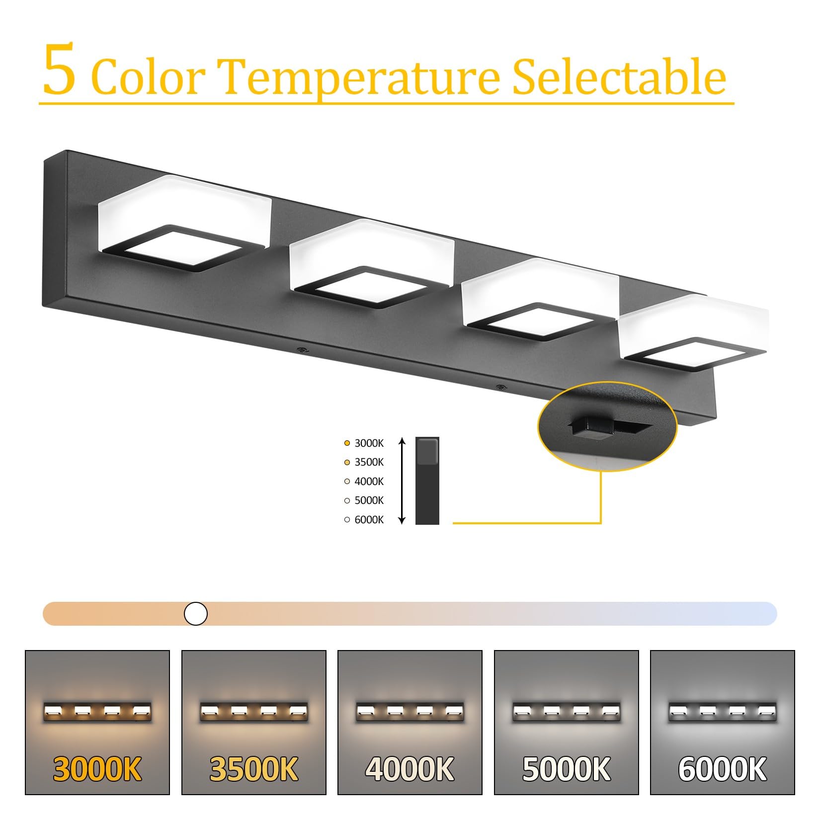 Ralbay 5 Color Temperature 4 Lights Black Vanity Lights Dimmable Acrylic Modern Led Black Bathroom Vanity Lighting Fixtures