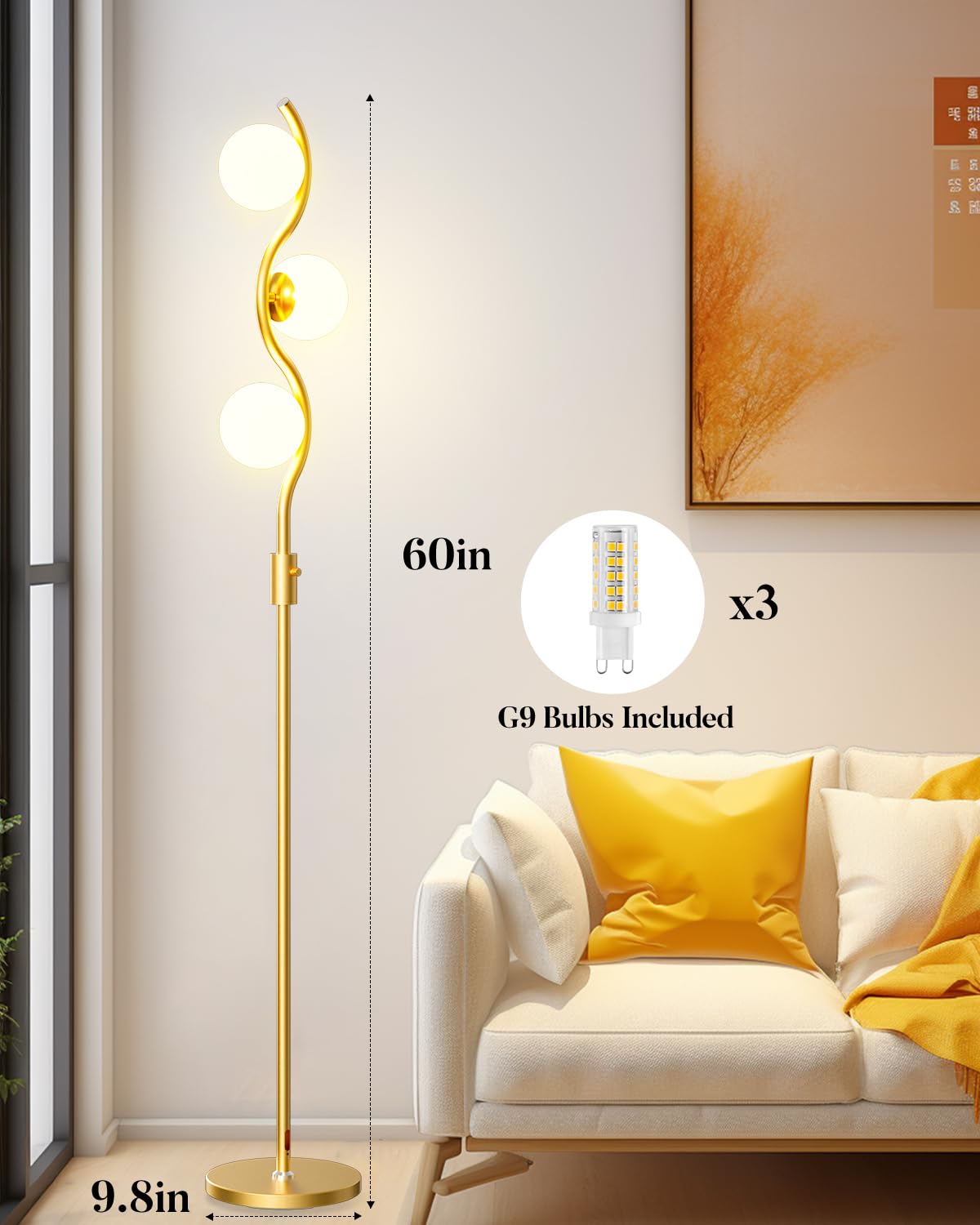 Lightdot 60IN Dimmable Gold Floor Lamp, Mid Century Metal Design, 3 Globe Warm White Bulbs, Model YRFLL-E26XX-26