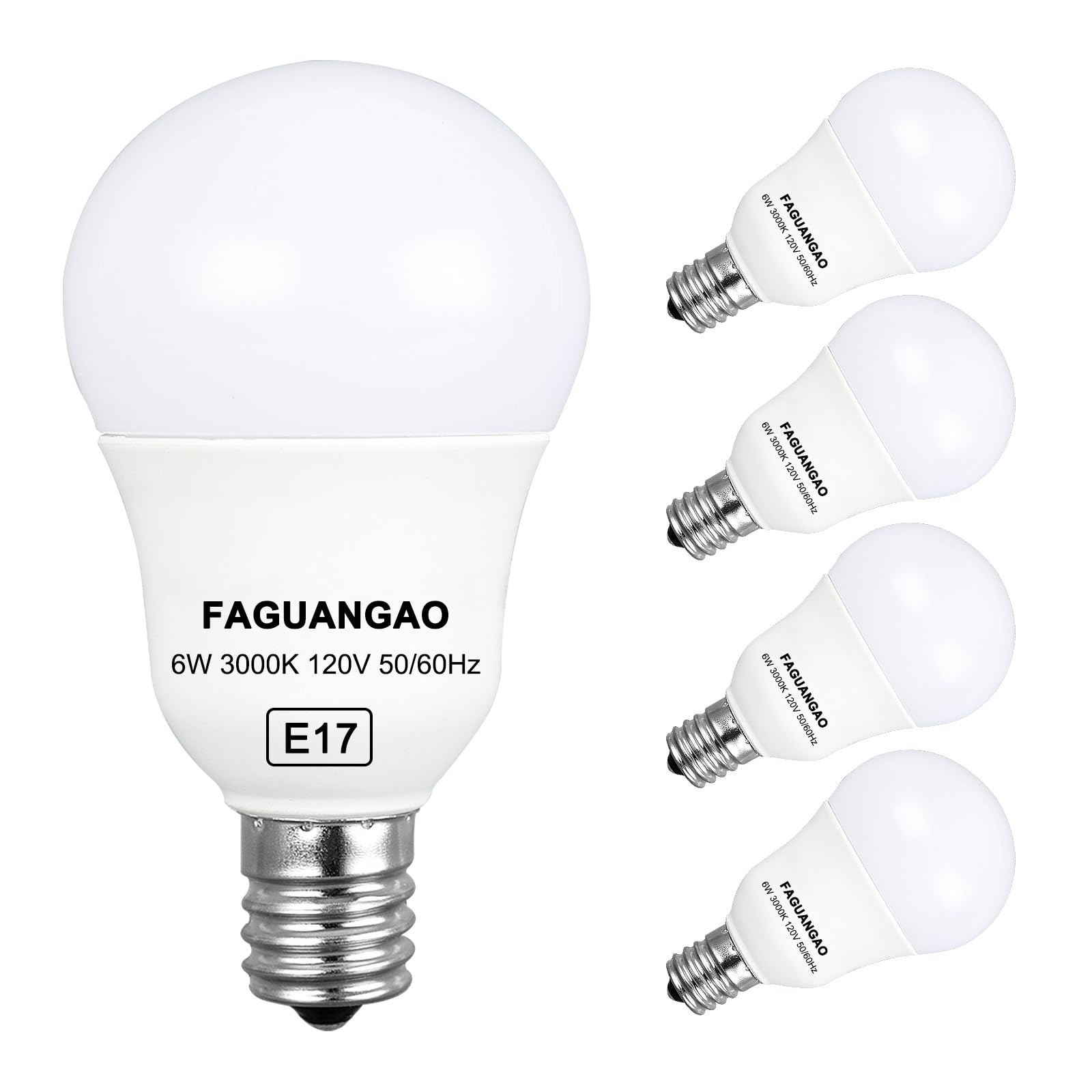 Faguangao E17 Led G14 Bulbs, 6W (60W Equivalent), 3000K Soft White, Plastic, Pack Of 4, Globe Light For Ceiling Fan &