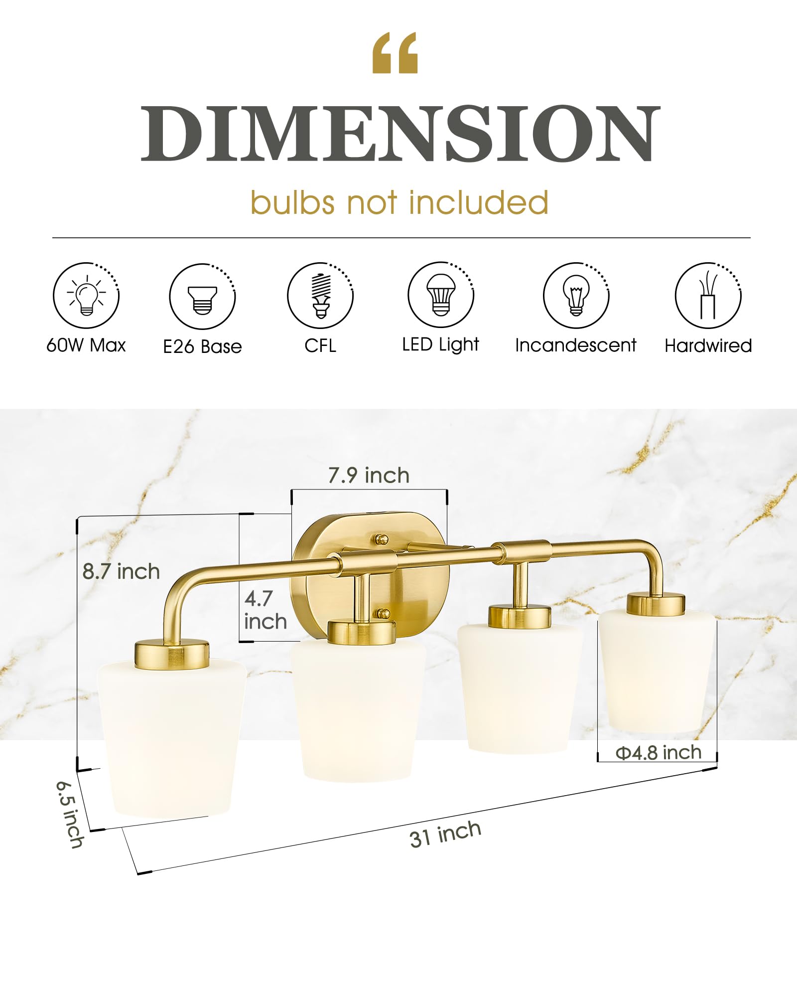 Audickic 4-Light Bathroom Light Fixture, Brushed Gold Vanity Lighting with Milk White Glass, Model AD-22004-4W-GD