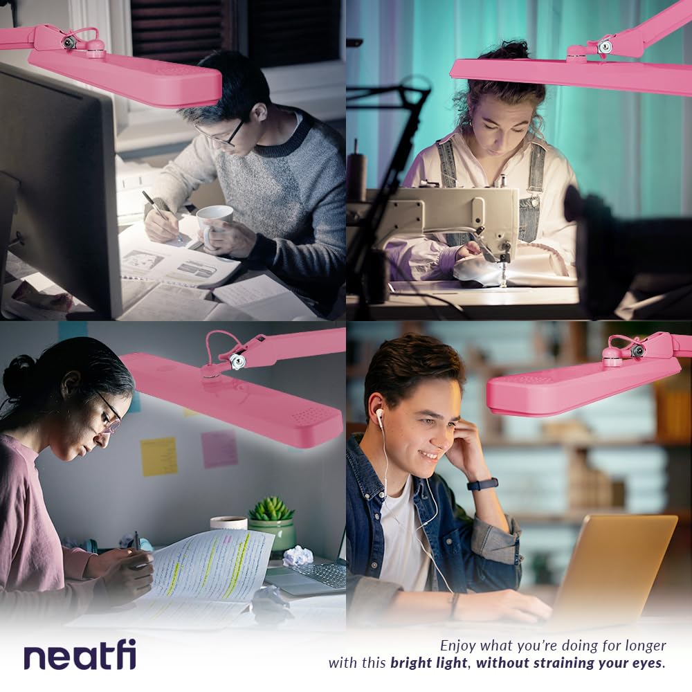 Neatfi LED Task Lamp 30W 2500 Lumens 22 Inch Pink Model 9505LED-30-C Eye-Caring Desk Light with Clamp for Home Office Study