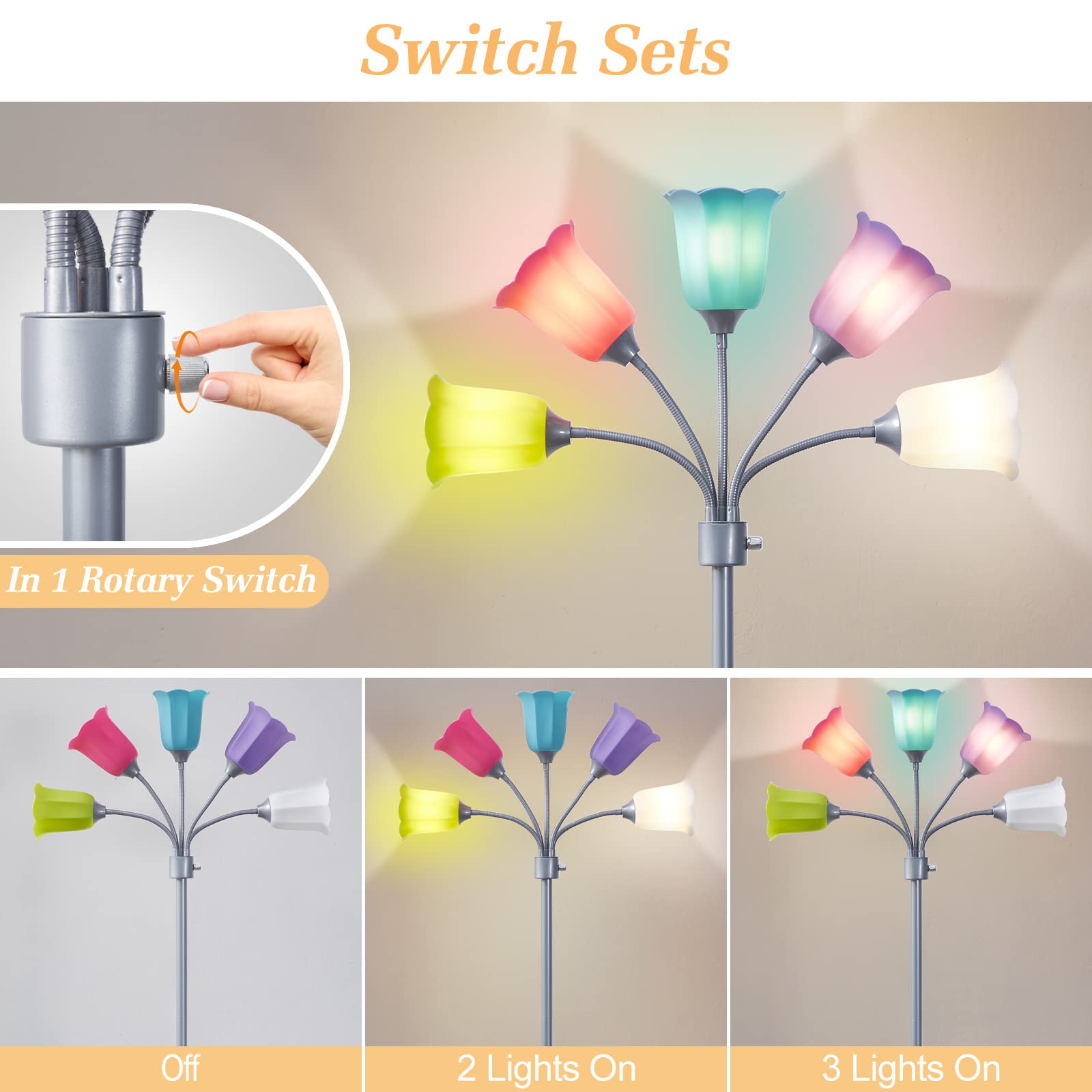 GyroVu Medusa LED Floor Lamp - Multi-Head Gooseneck Design, Silver with 6 Color Shades, Modern Tall Light for Living Room & Office