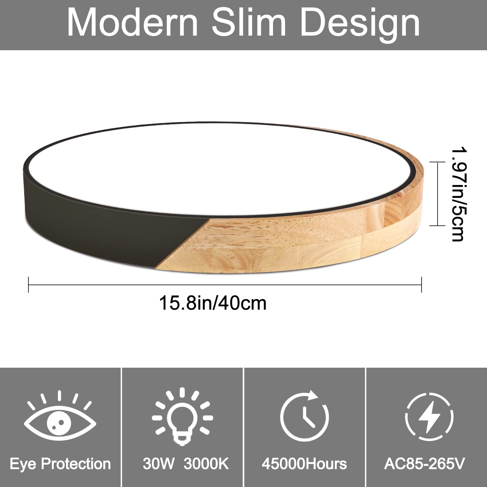 Led Ceiling Light Flush Mount: 15.8 Inch 30W Bedroom Light Fixture With Round Wood Modern Black Flat Overhead Minimalist Ceiling Lamps For Kitchen Hallway Laundry Warm White 3000K, Not Dimmable
