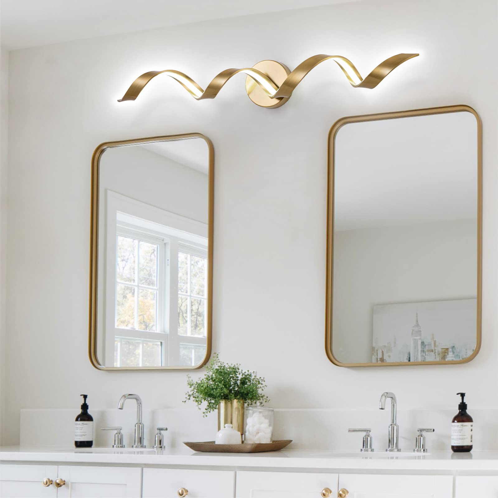 Huoku 32" Dimmable Led Bathroom Vanity Light, Gold Spiral Design, 20W, 6000K White Light