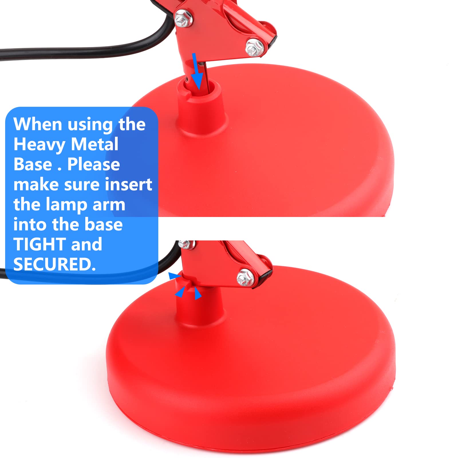 AmeriTop Adjustable Metal Desk Lamp - Goose Neck Swing Arm, Eye-Caring with Interchangeable Base or Clamp, Red