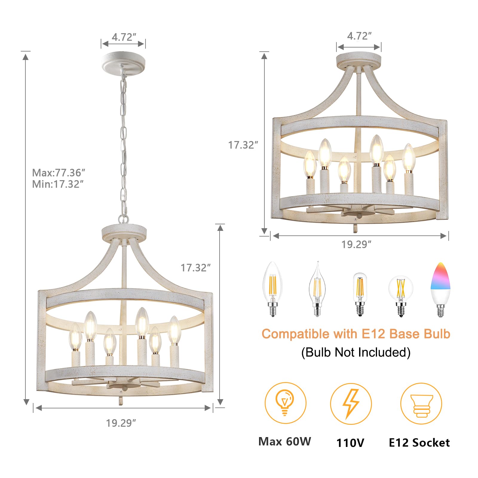 KMaiPem 6-Light Vintage White Farmhouse Chandelier, Metal Pendant Light Fixture for Dining Room, Entryway, Rustic Style