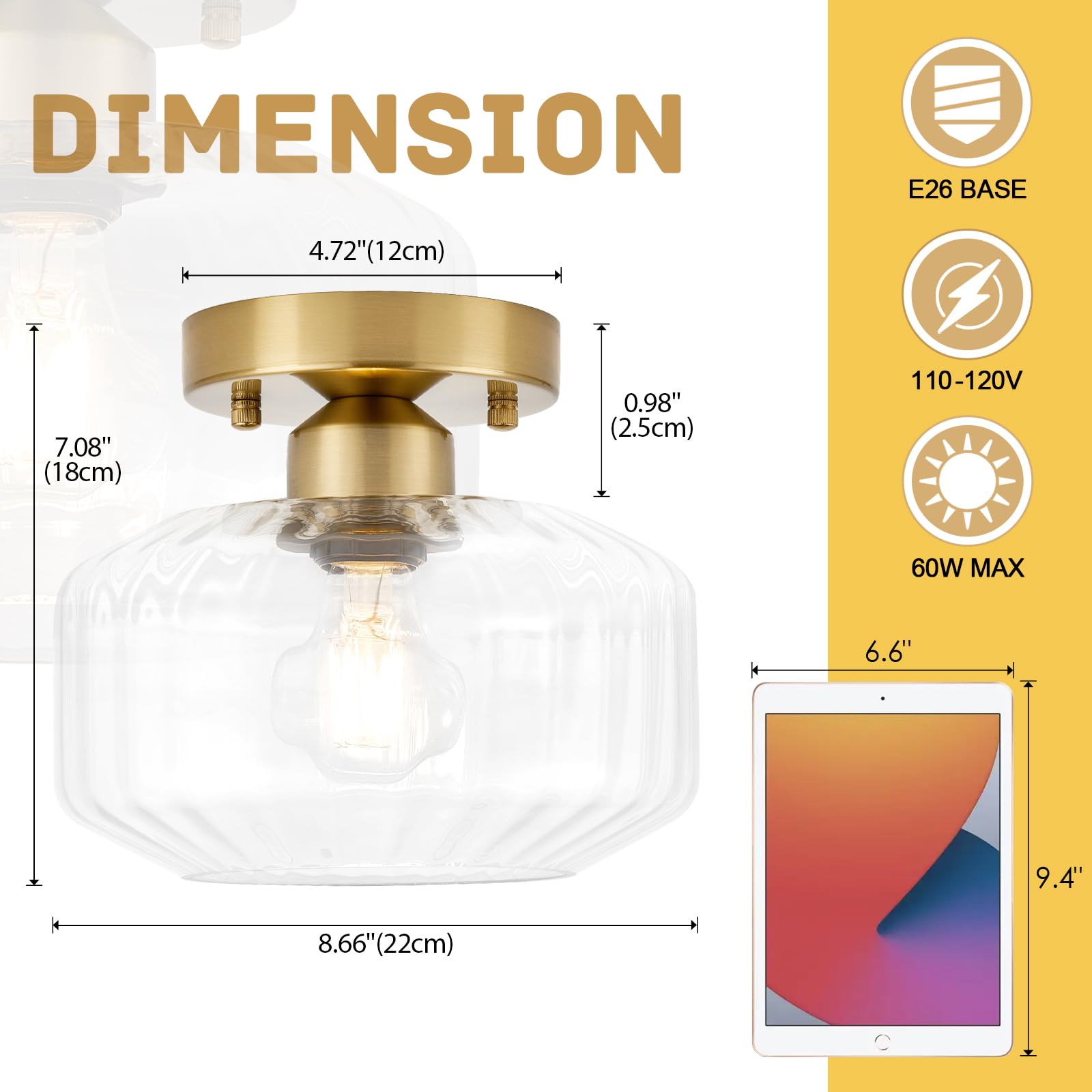 Bisamiya Modern Gold Semi Flush Mount Ceiling Light, Brass Finish Ceiling Light Fixture With 8.66'' Textured Glass Shade For Hal