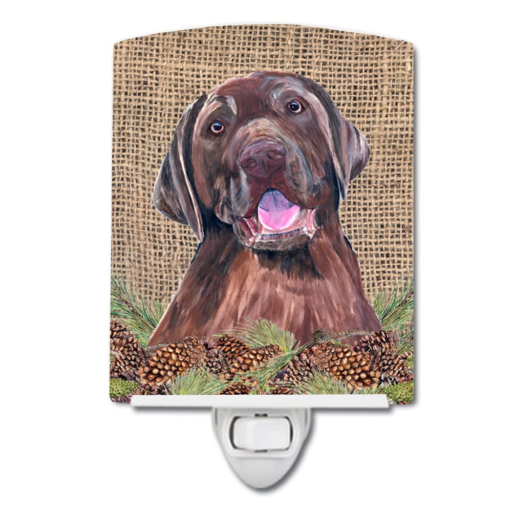 Carolines Treasures Ceramic Night Light, UL-Certified, 6x4x3in, Labrador, Model SC9039CNL, Faux Burlap and Pine Cones Design