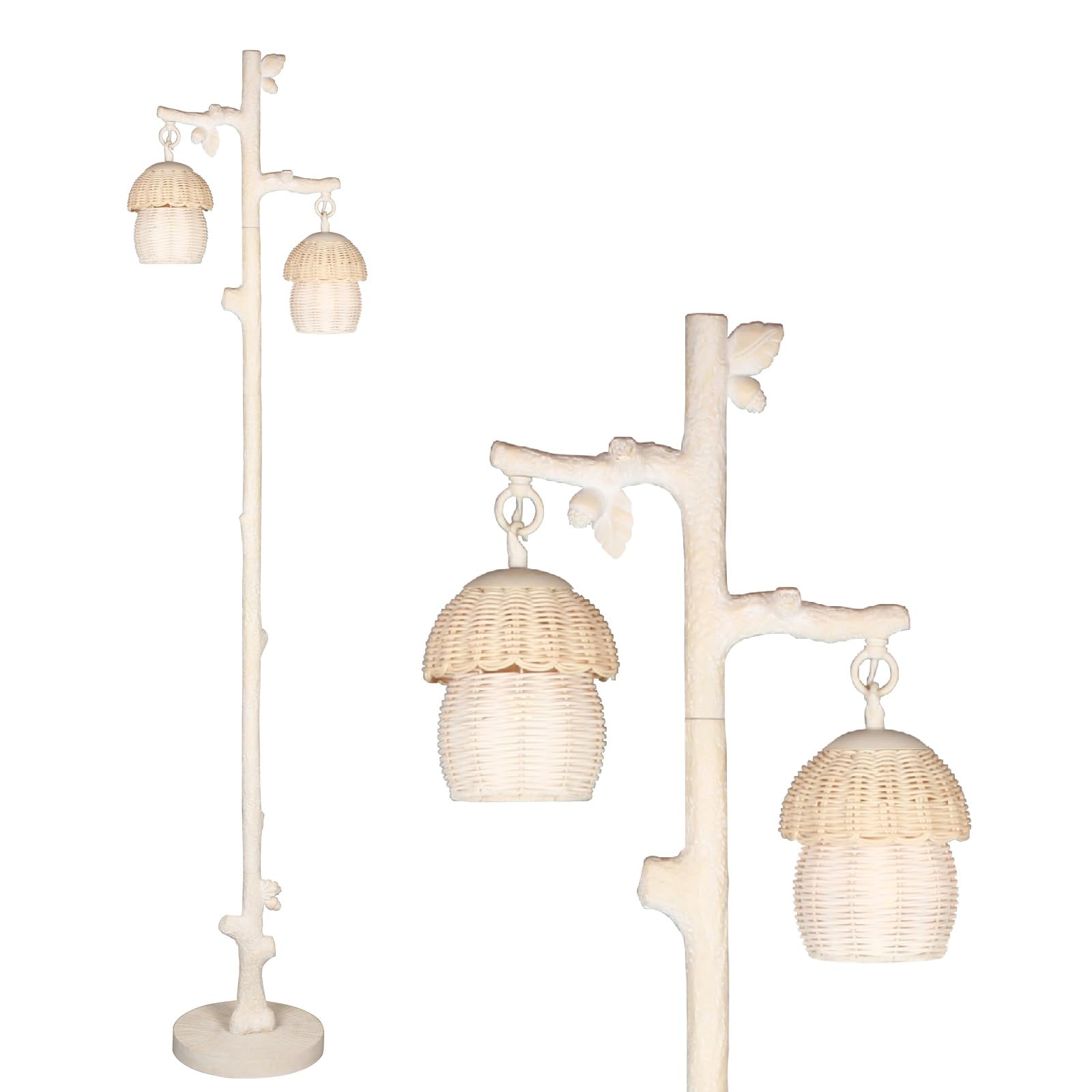 Rattan Floor Lamp With Faux Wood Finish, Boho Floor Lamps With Faux Pinecone And Leaves Decor, Beige