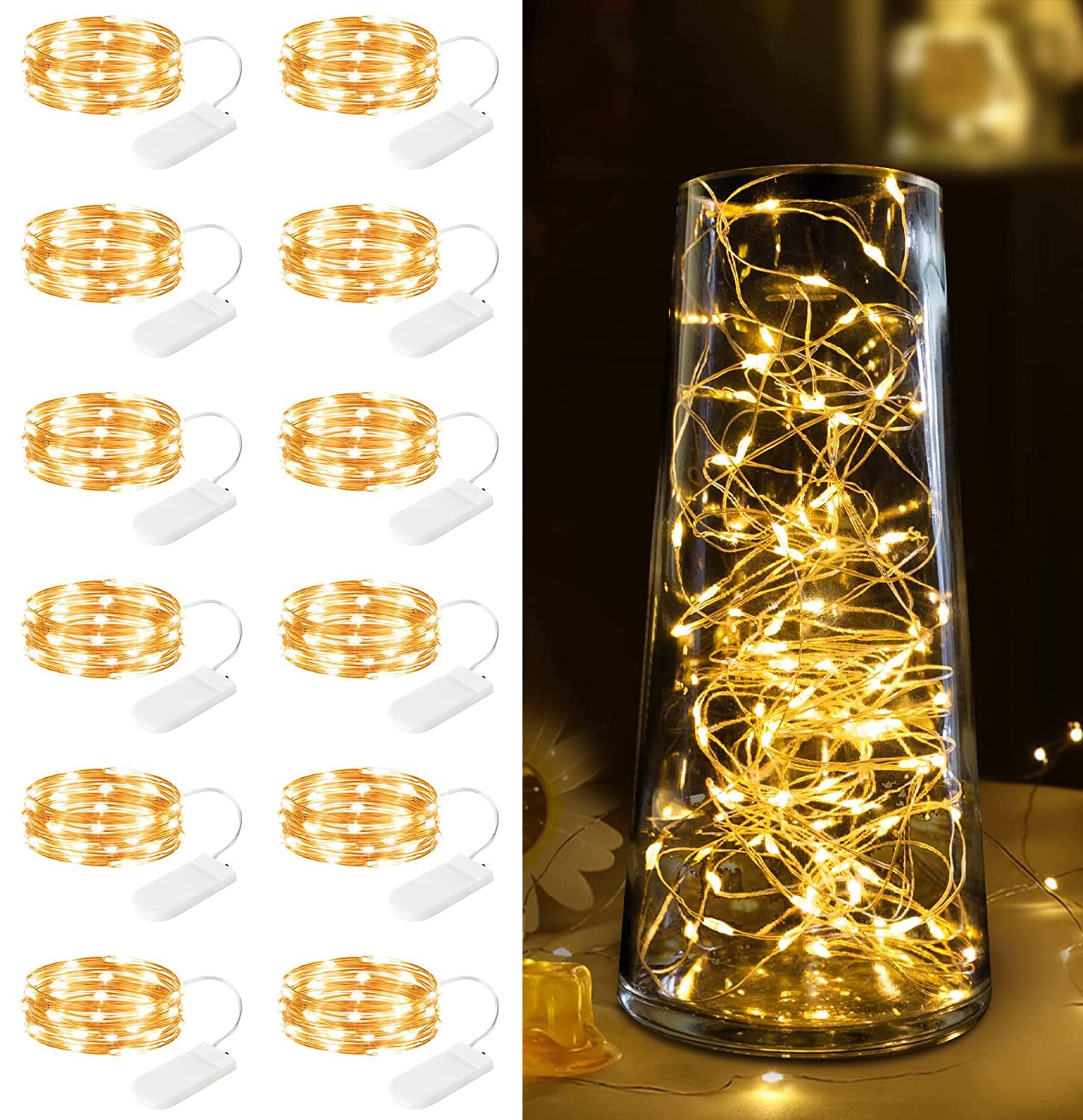 Minetom 12 Pack Fairy Lights - 7ft 20 LED Warm White Copper Wire String Lights for Bedroom, Wedding, DIY Crafts, Waterproof Decor