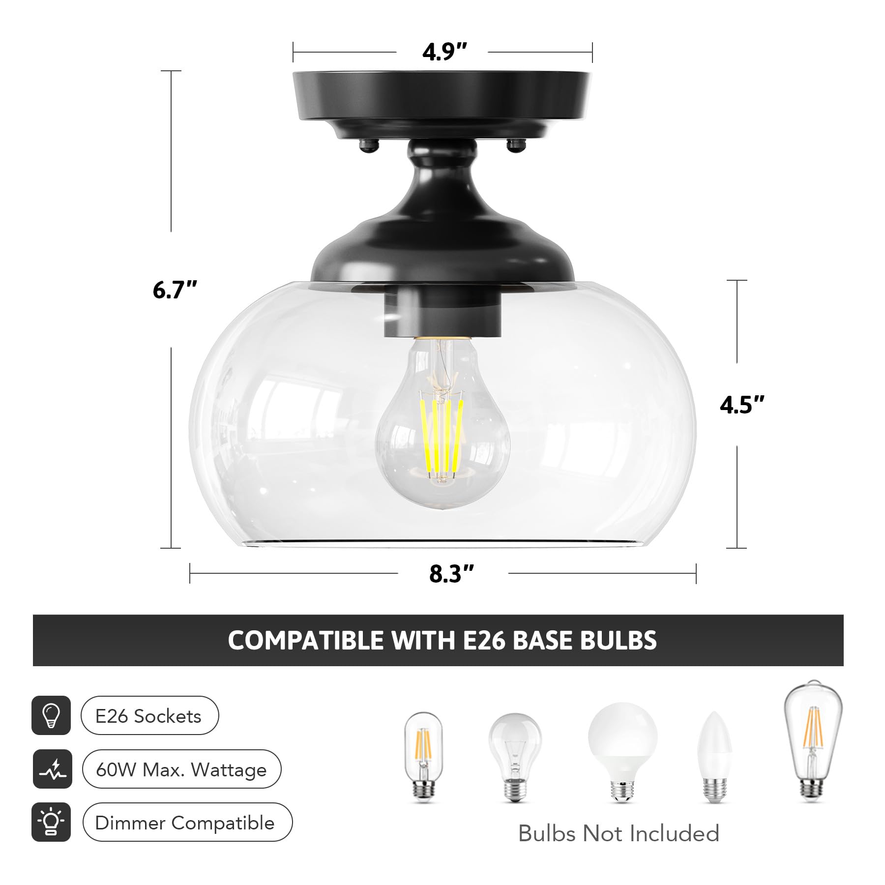 Vonluce Semi Flush Mount Ceiling Light, 8.3'' Ceiling Light Fixture With Clear Glass Shade, Ceramic E26 Base, Industrial Ceiling