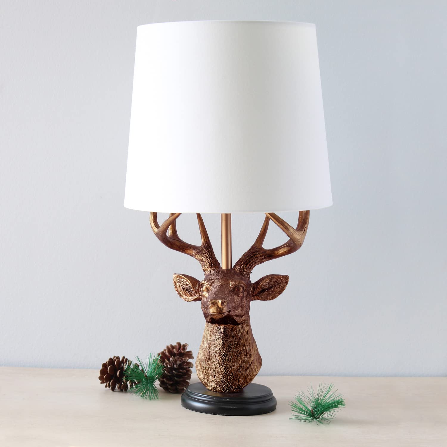 Simple Designs LT1095-CPR Rustic Antler Copper Table Lamp, 17.25" Tall, White Shade, Ideal for Cabin, Lodge, Living Room, Bedroom Decor