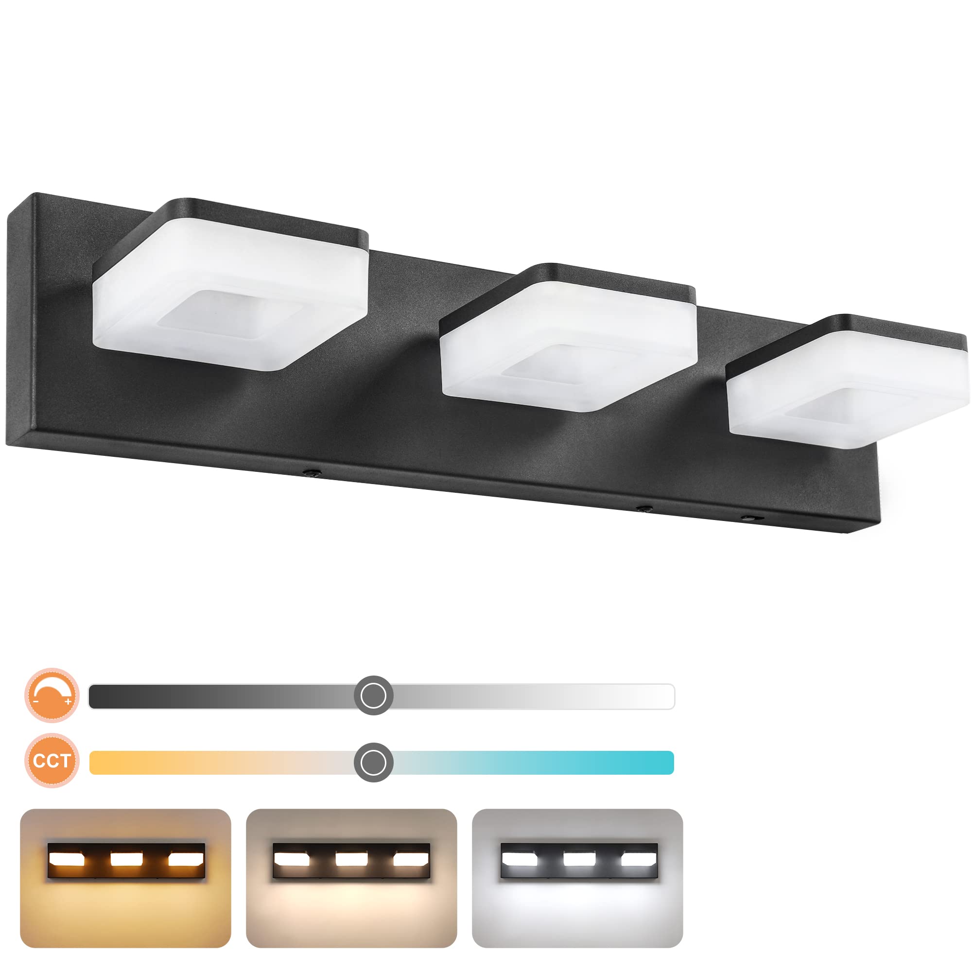 Goodate 3-Light Dimmable Black Bathroom Vanity Light Fixtures, Adjustable 3000K/4000K/6000K