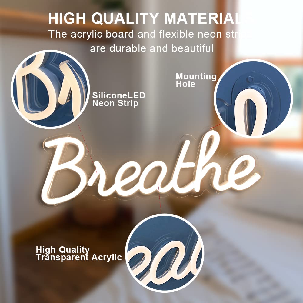 Colysor Breathe Neon Sign Wall Decor, Acrylic, Warm White, 17x6 inches, USB Powered with Dimmer Switch, Model CL018