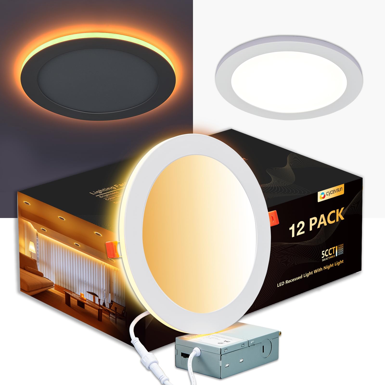 Cycevsun 12 Pack 8 Inch Led Recessed Lighting With Night Light, Canless Wafer Downlight Ultra Thin, Dimmable & 5Cct Selectable, 15W, 1500Lm, Etl, 120-277V