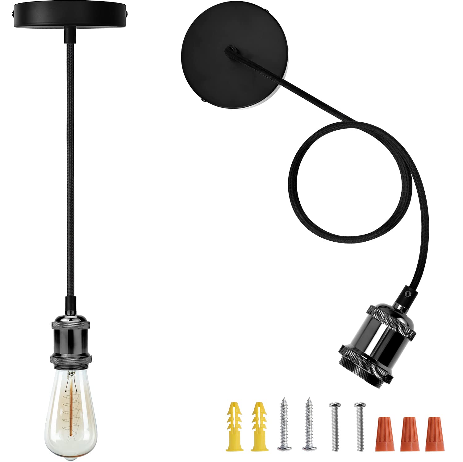 JACKYLED Pendant Light Kit E26 E27 Black Woven Fabric Adjustable Ceiling Lighting Pearl Black Model bfa43cad-2aca-4683-96ab-875d2f0f