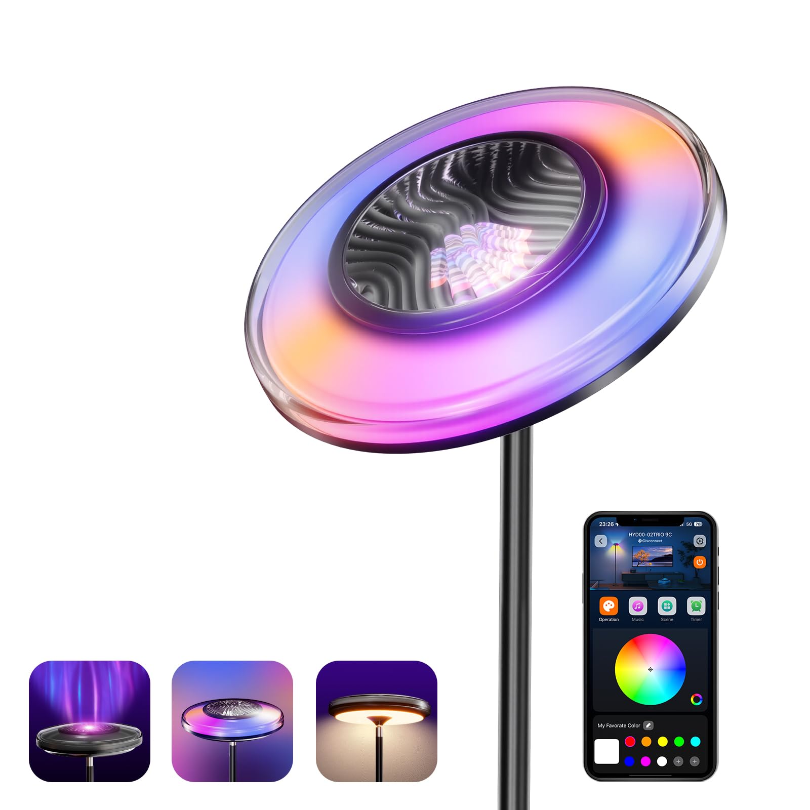 Arsoma Smart Floor Lamp for Living Room, RGB+WW Ripple Projector, LED Corner Floor Light, Dimmable Tall Standing Lamp with App C
