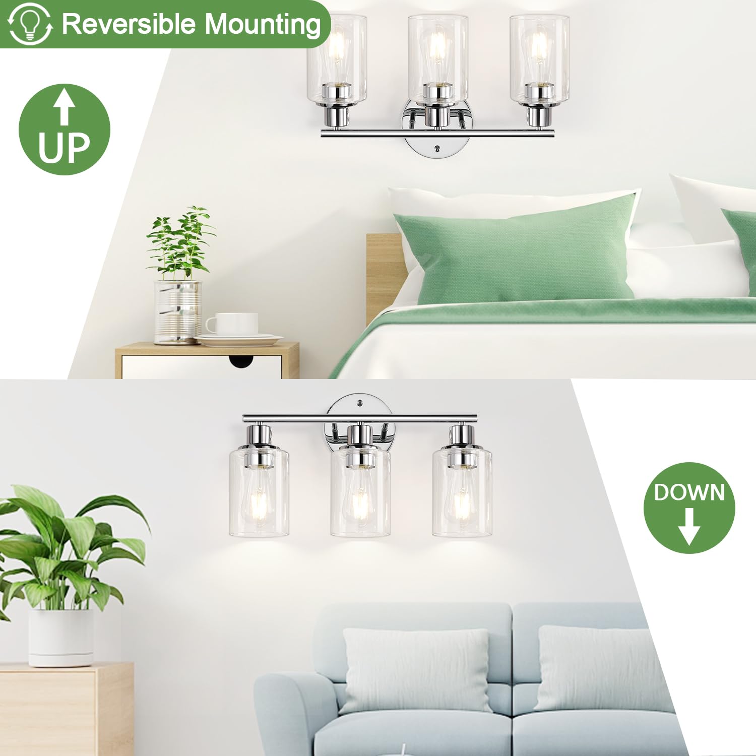 3-Light Bathroom Light Fixtures, Chrome Bathroom Wall Light With Clear Glass Shade, Bathroom Wall Lamp For Mirror Kitchen Living