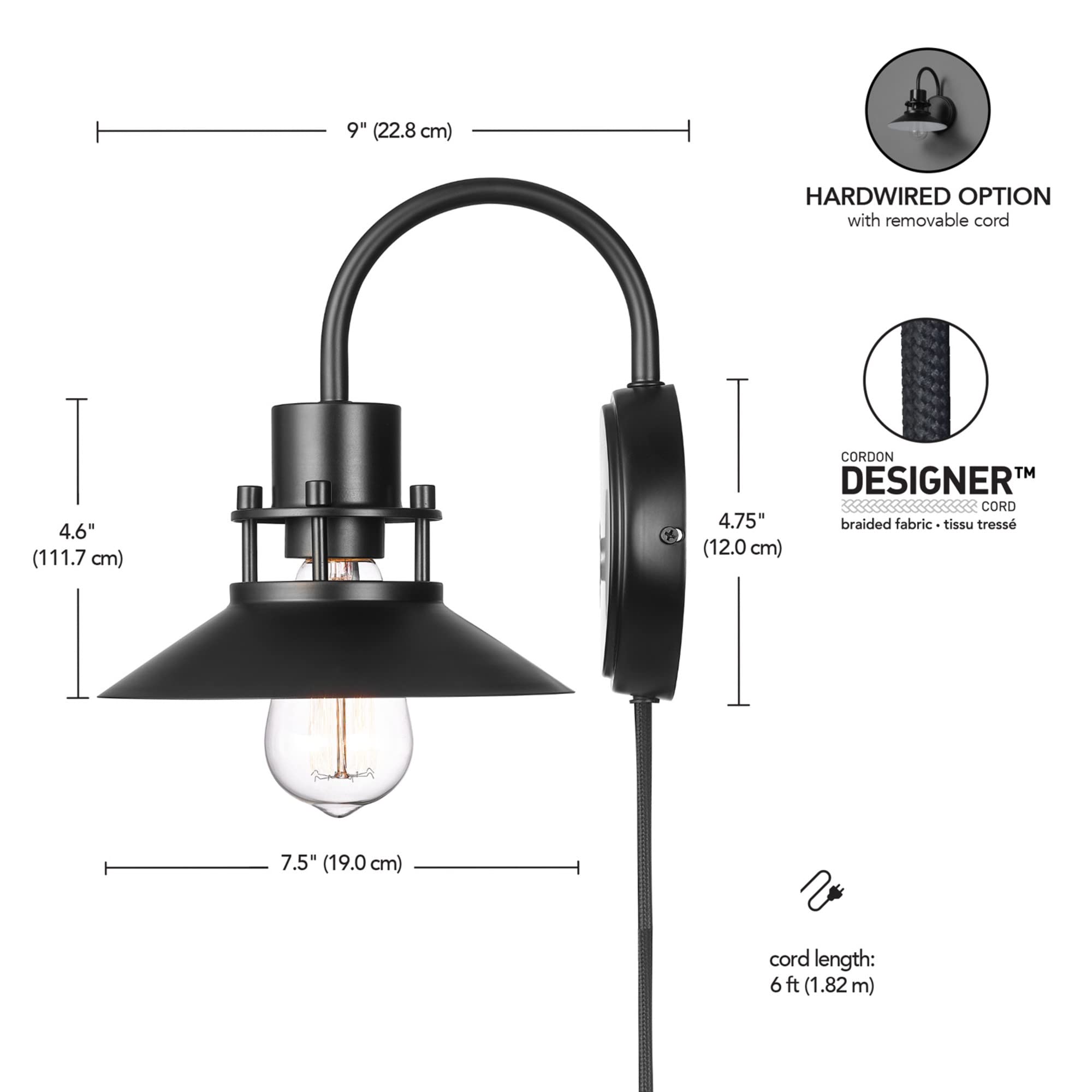 GLOBE 1-Light Wall Sconce, Matte Black, Plug-in/Hardwire, 6ft Braided Cord, In-Line Switch, Model 65929