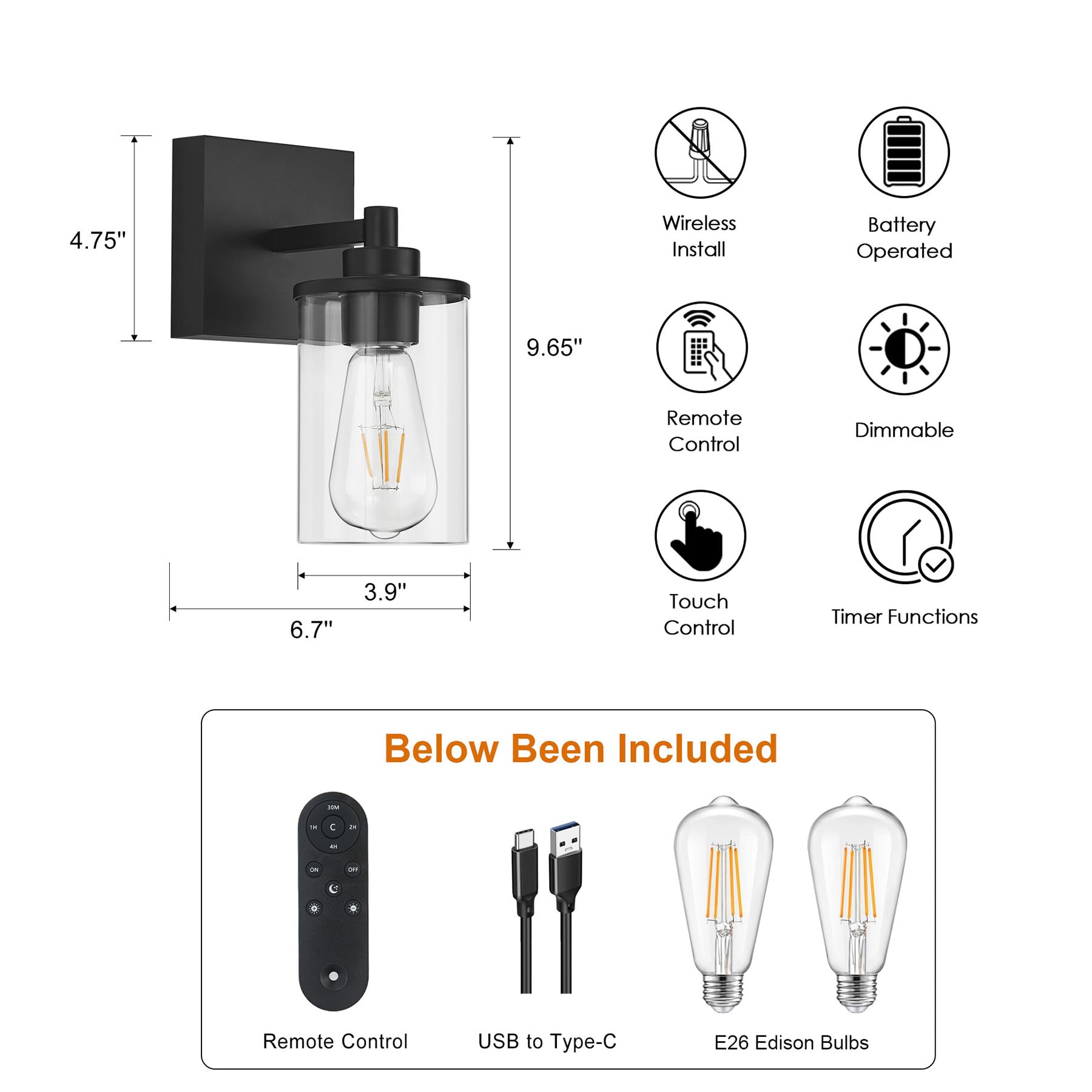Battery Operated Wall Sconce Set of 2 with Remote Control, Black Rechargeable Wireless Wall Decor Light with Glass Shade, Cordle