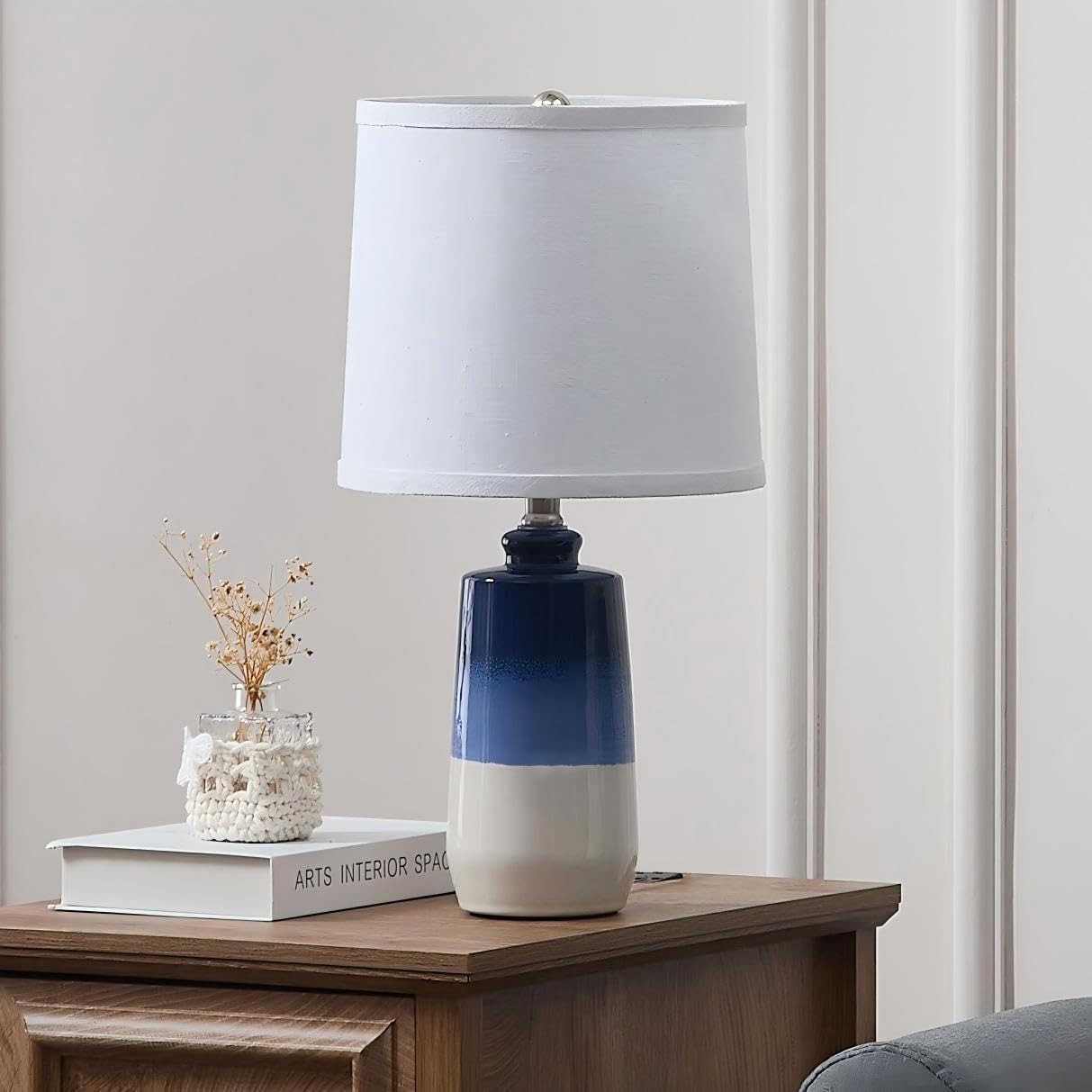 EUO Ceramic Blue Table Lamps Set of 2, 20.5" Coastal Design with White Barrel Shades, Navy Blue, Model TL2PK-009-BU