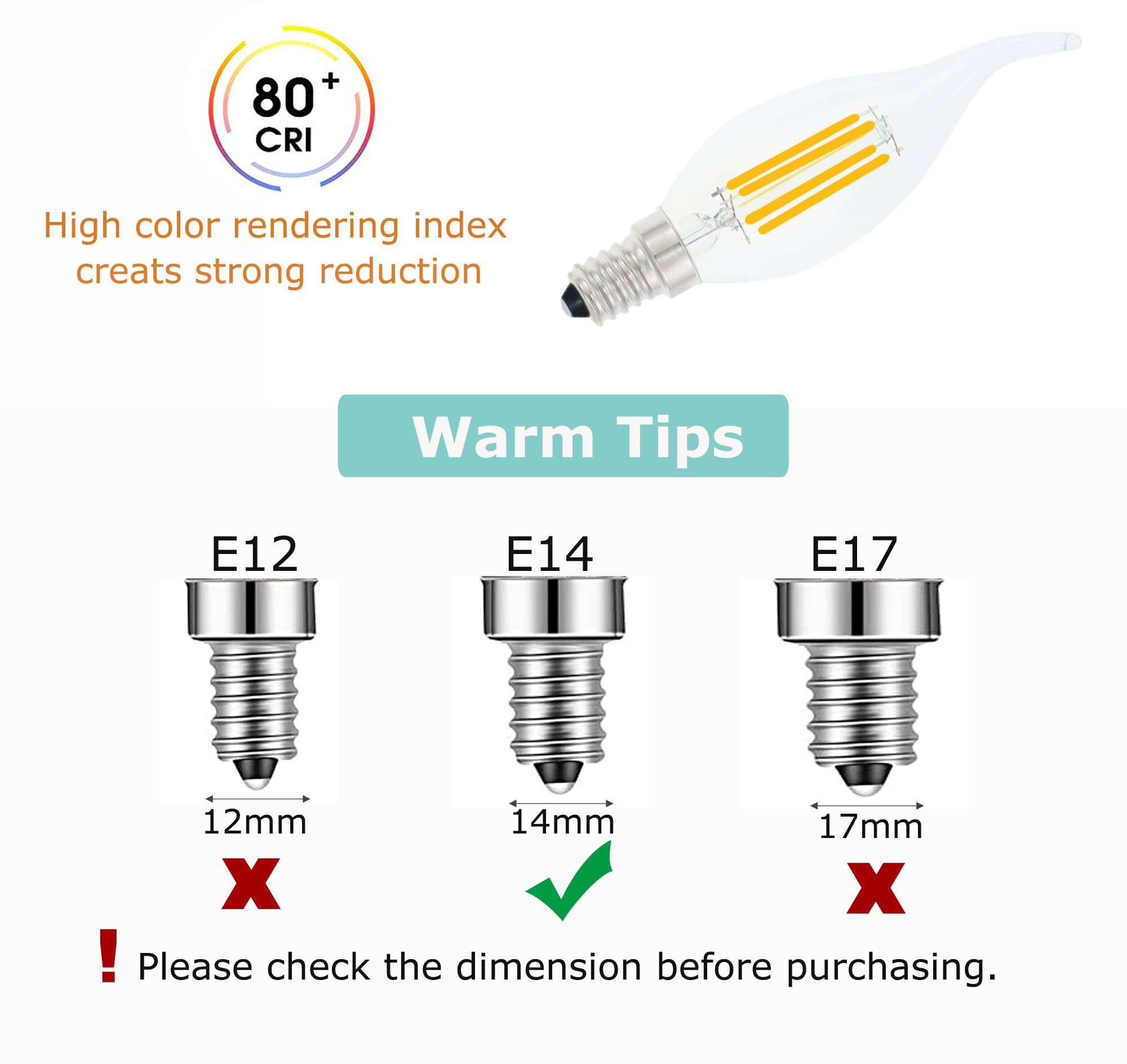Lamsky E14 Led Bulb European Base 4W Led Chandelier Light Bulbs Dimmable 40W Equivalent,Flame Tip Candelabra Led Bulbs,110V 4000