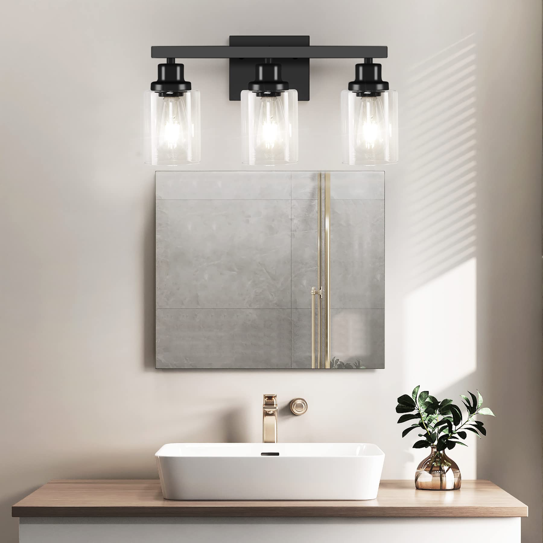 DIKAIDA 3-Light Black Bathroom Vanity Light Fixtures with Clear Glass Shade, Modern Wall Sconces for Bedroom and Living Room - Model BLBD-3