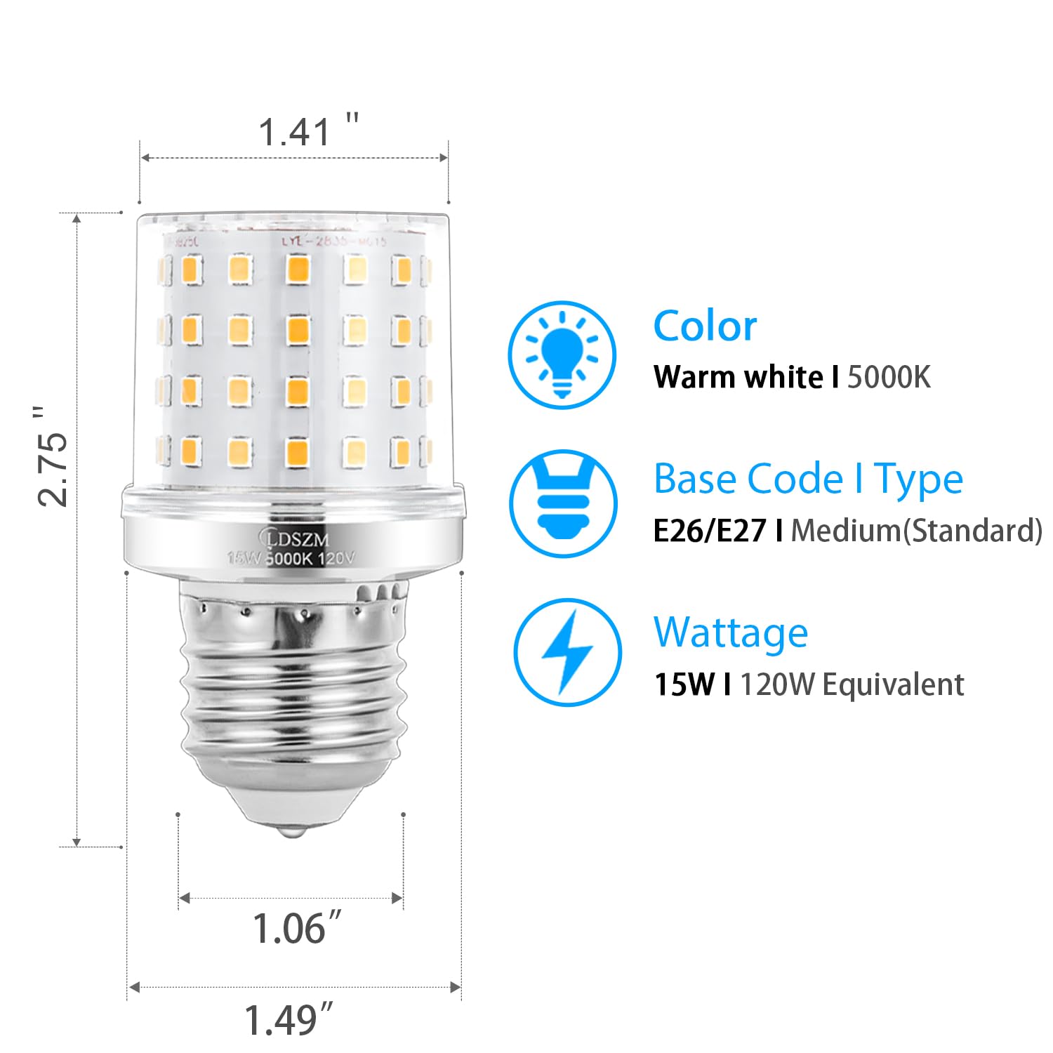 LDSZM LED Light Bulb A15/G45, 15W 1200lm, Daylight 5000K, E26/E27 Base, Non-Dimmable, Pack of