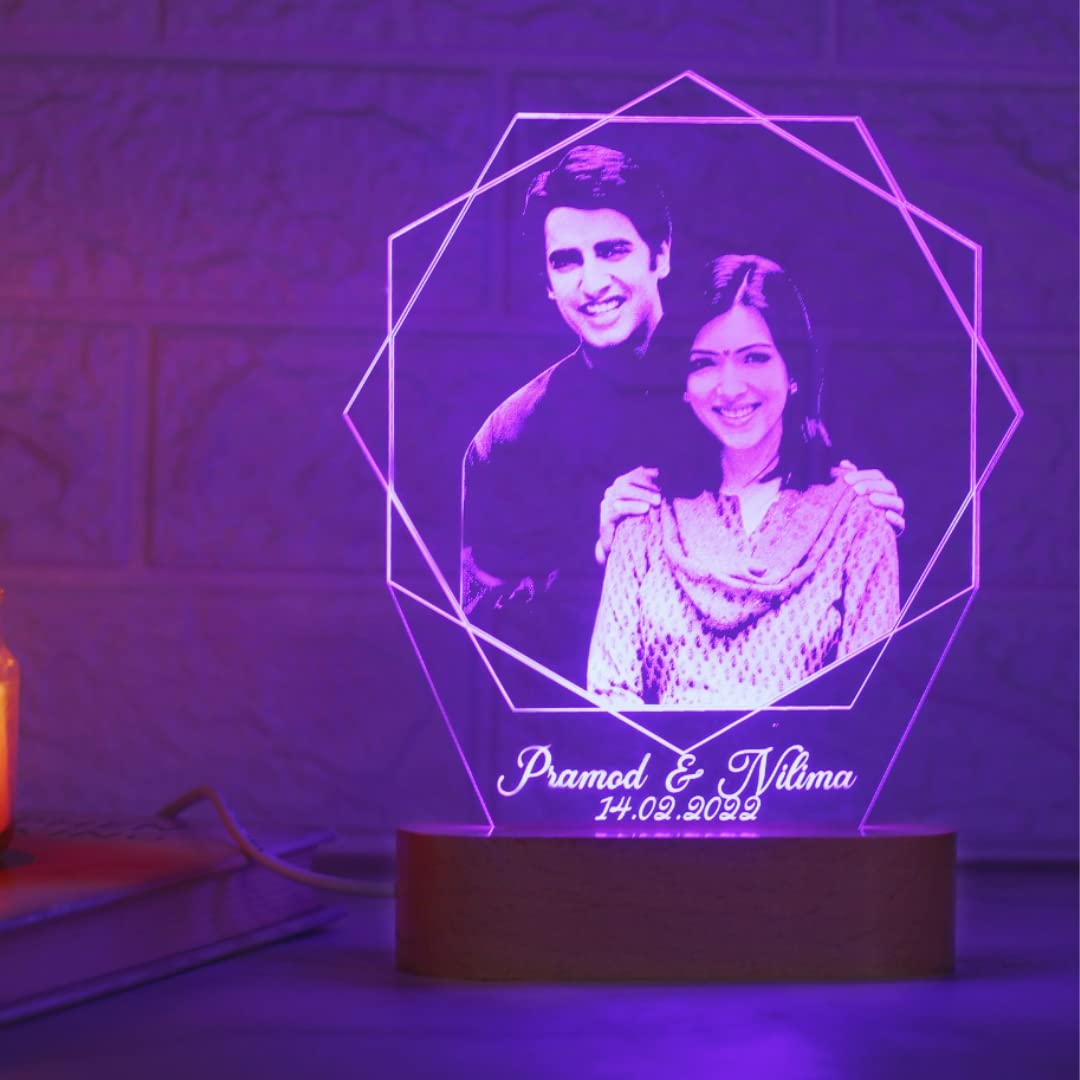Artistic Gifts Acrylic Personalized Hexagon Shape 3D Illusion Photo Lamp For Couples| Photo Frame With Customized Photo, Name An