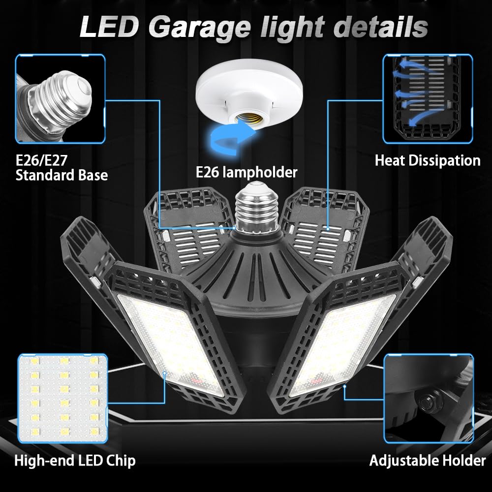 AUDLES 2 Pack LED Garage Light 200W 20000LM 6500K Black Polycarbonate Deformable Panels E26/E27 Socket