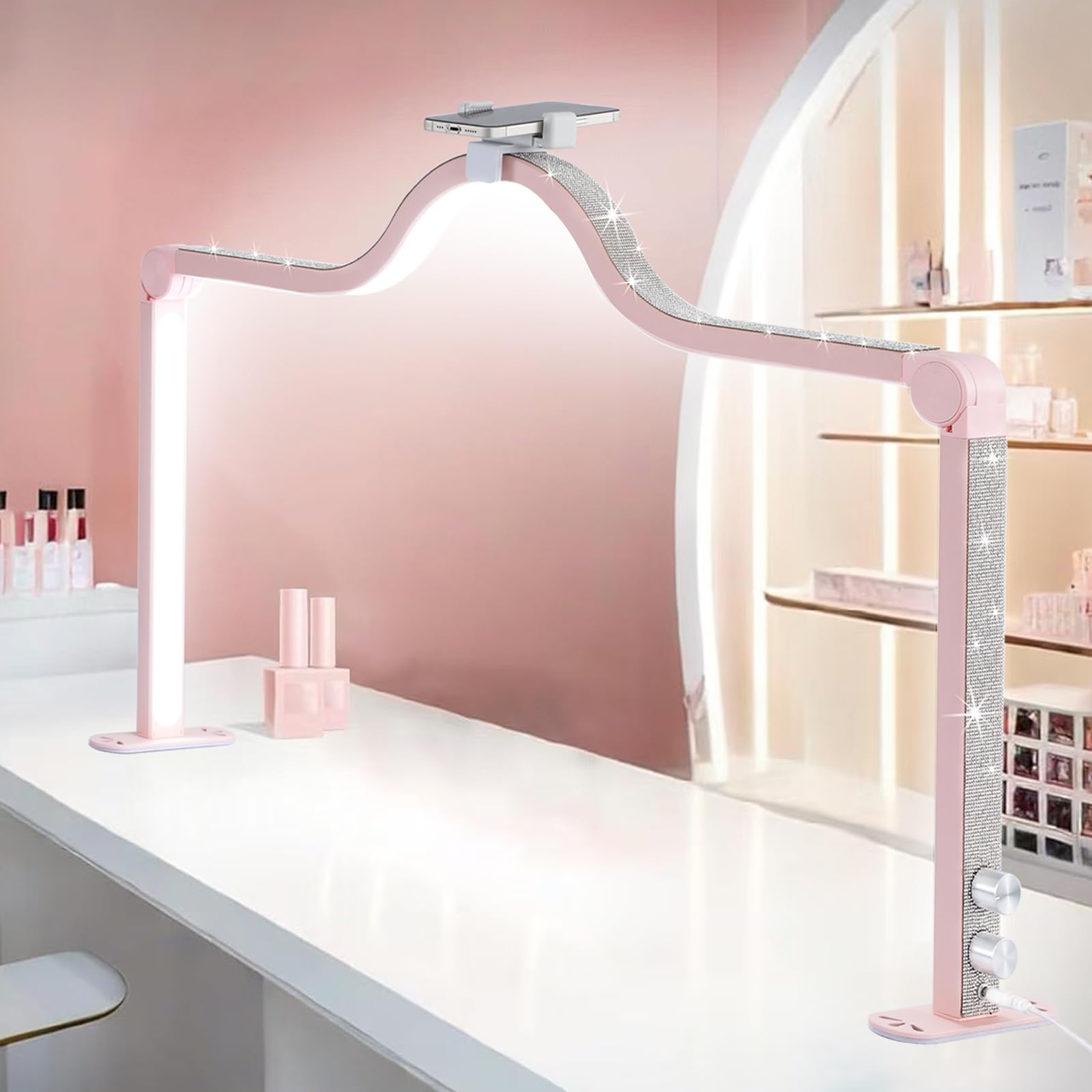Afatnao Nail Tech Lamp - 34in Foldable LED Manicure Light, Aluminum, Pink, Model TJL-HM, 3 Modes 3000K-6000K