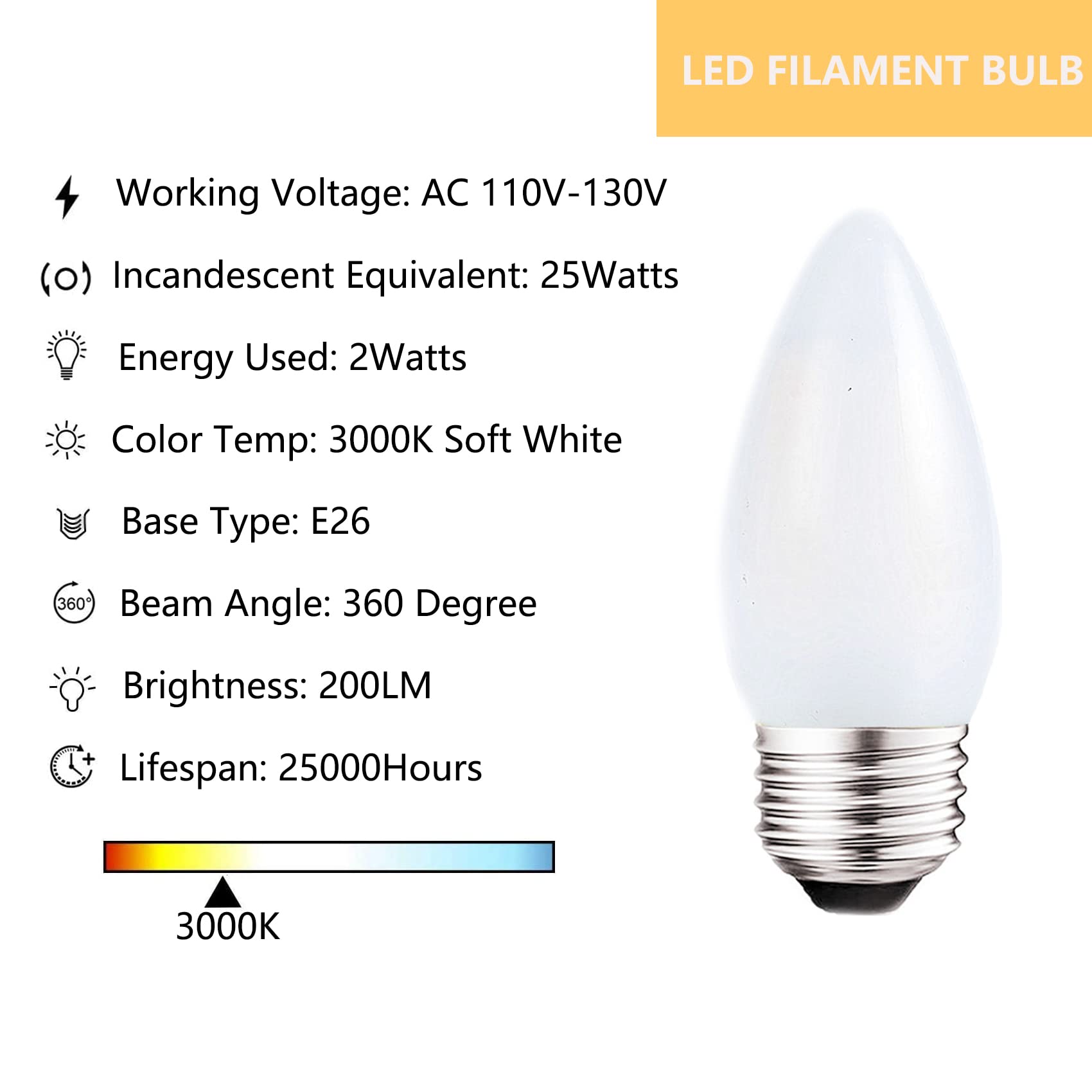 Sunaiony Frosted Led Candelabra Light Bulbs E26 Medium Base 2W Dimmable Soft White 3000K 25W Equivalent, Led Decorative Candle L