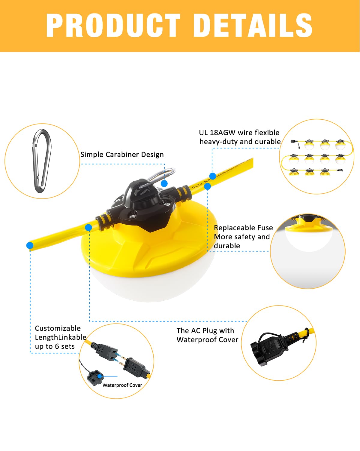 Jc-Lgl 100Ft Construction String Light 130W 16000Lm, 5000K Industrial Grade Led String Work Lights, Ip65 Waterproof Temporary Li