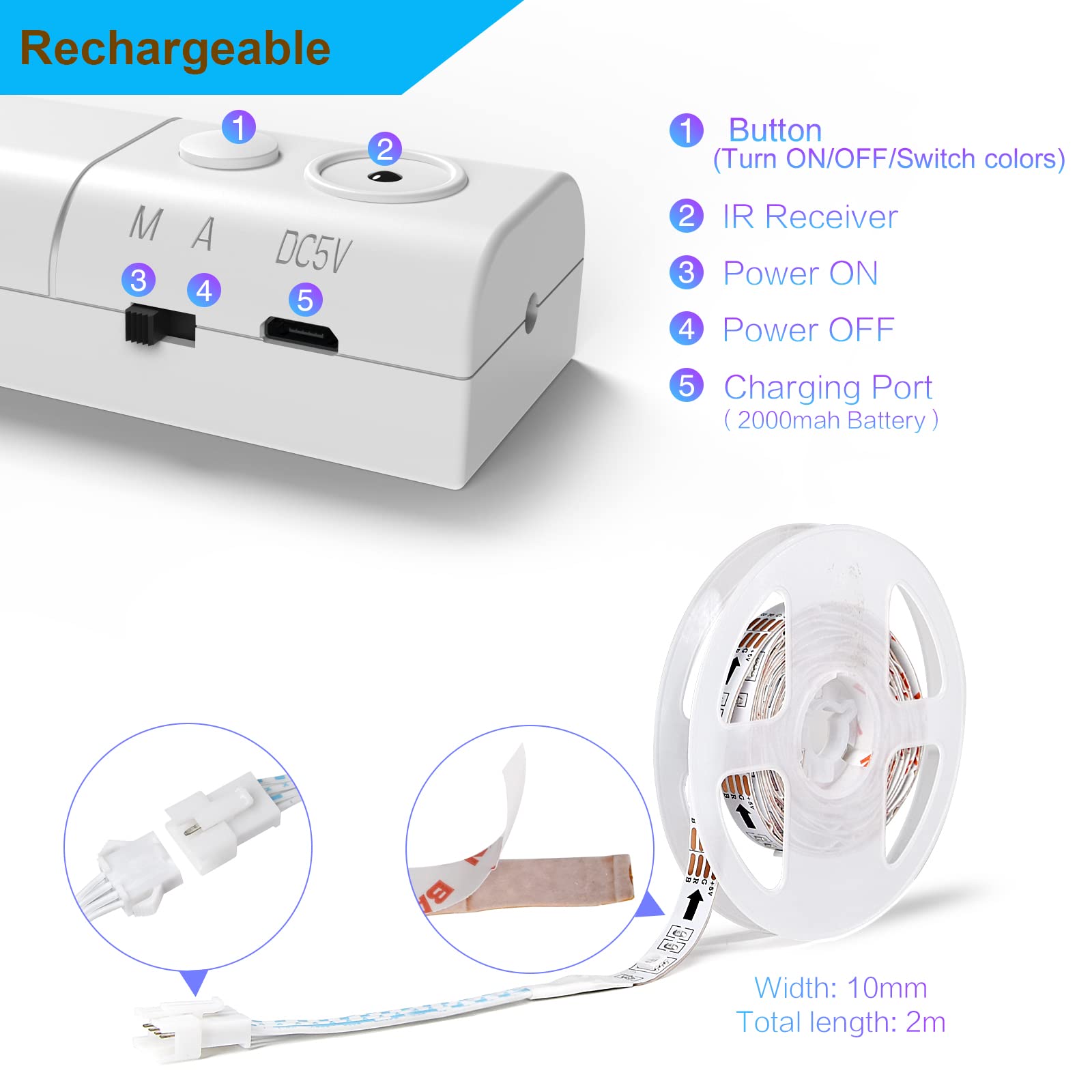 WOBANE Rechargeable LED Strip Light, 6.56ft RGB Color Changing Rope Light, Remote Control, Multicolor, Model CL13-RGB