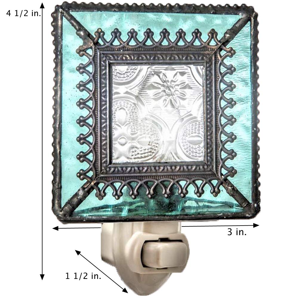 J Devlin Glass Art Stained Glass Night Light, NTL 166, Blue Aquamarine, Plug-in for Bedroom/Bathroom/Hallway Decor
