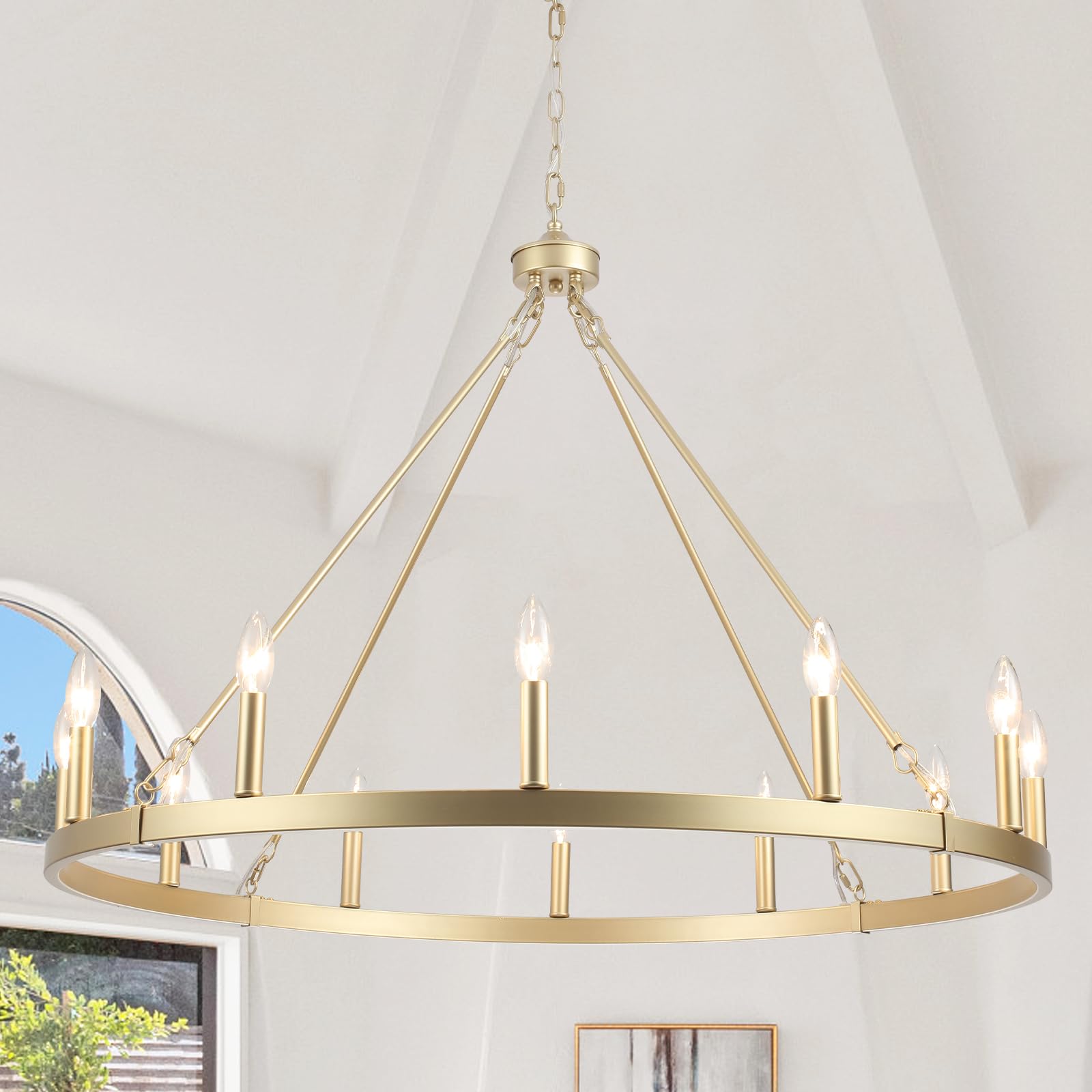 ZJVAIVE Gold Wagon Wheel Chandelier Diam 38 12 Lights Modern Farmhouse Round Chandeliers for Dining Room Rustic Vintage Pendant 
